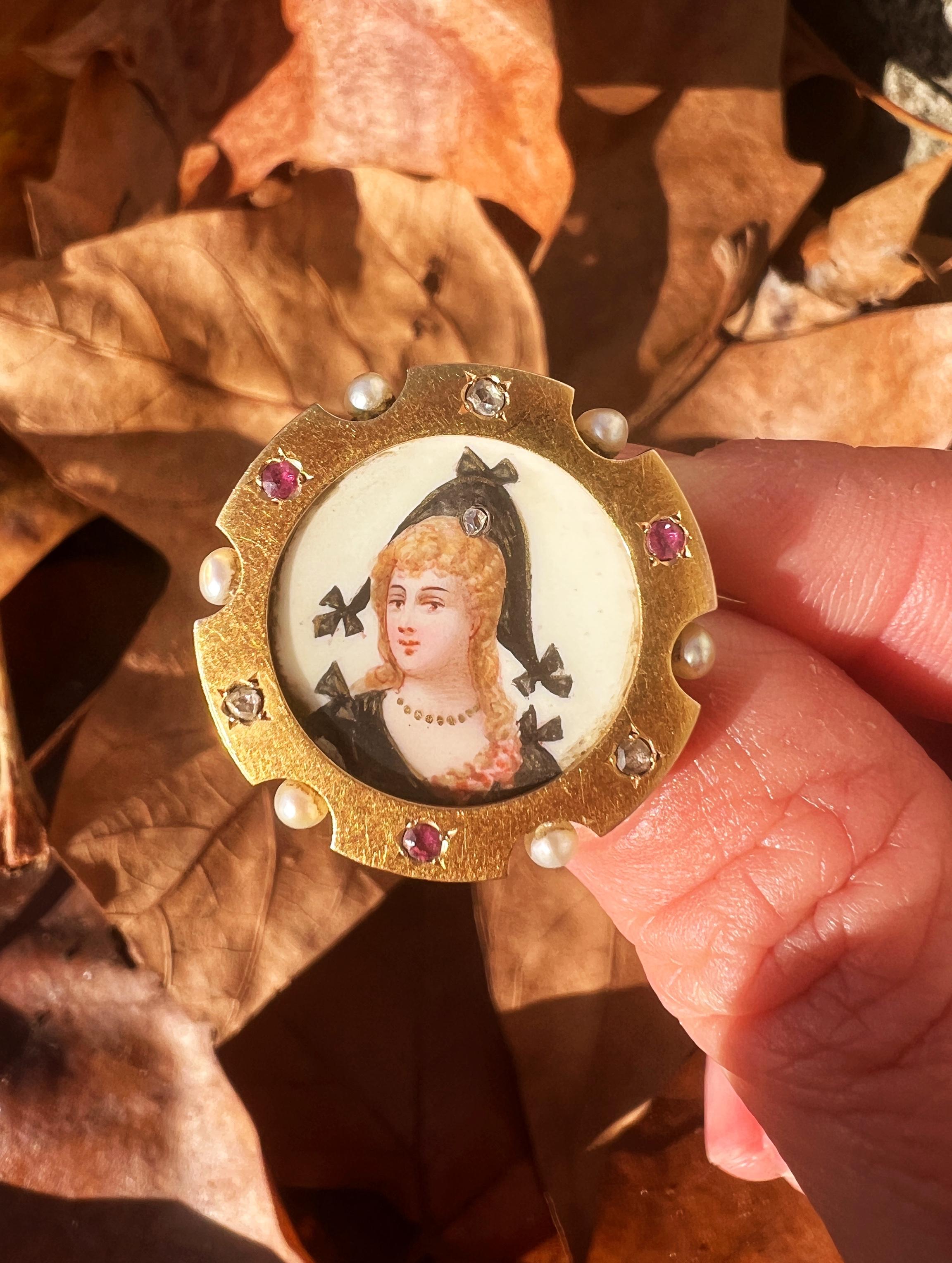 Late Victorian Victorian Era 18K Gold Miniature Portrait Brooch with Rubies Diamonds and Pearls