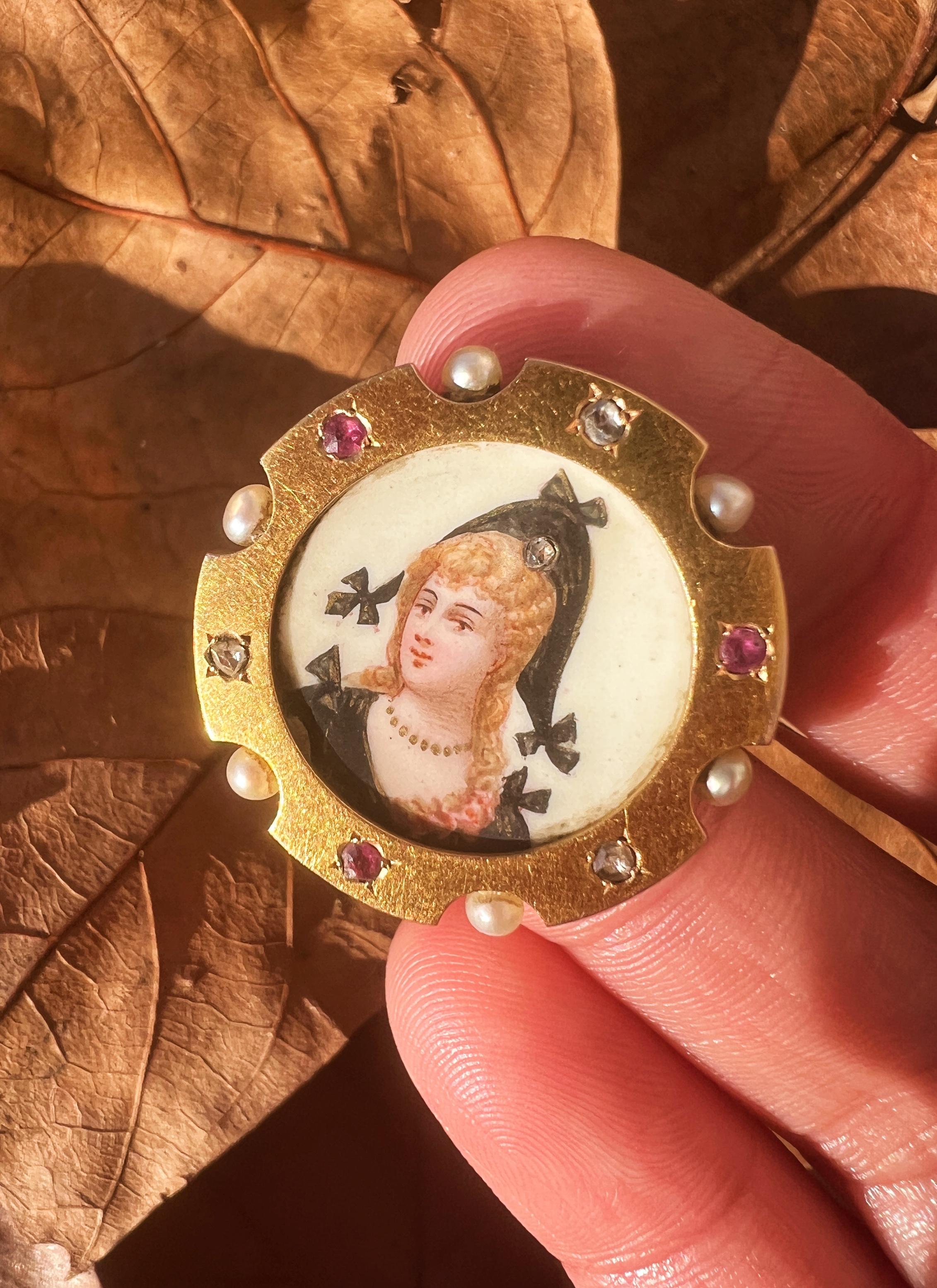 Rose Cut Victorian Era 18K Gold Miniature Portrait Brooch with Rubies Diamonds and Pearls