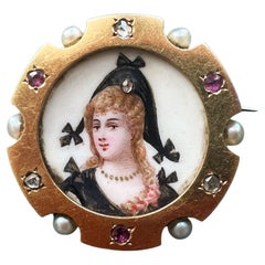 Antique Victorian Era 18K Gold Miniature Portrait Brooch with Rubies Diamonds and Pearls