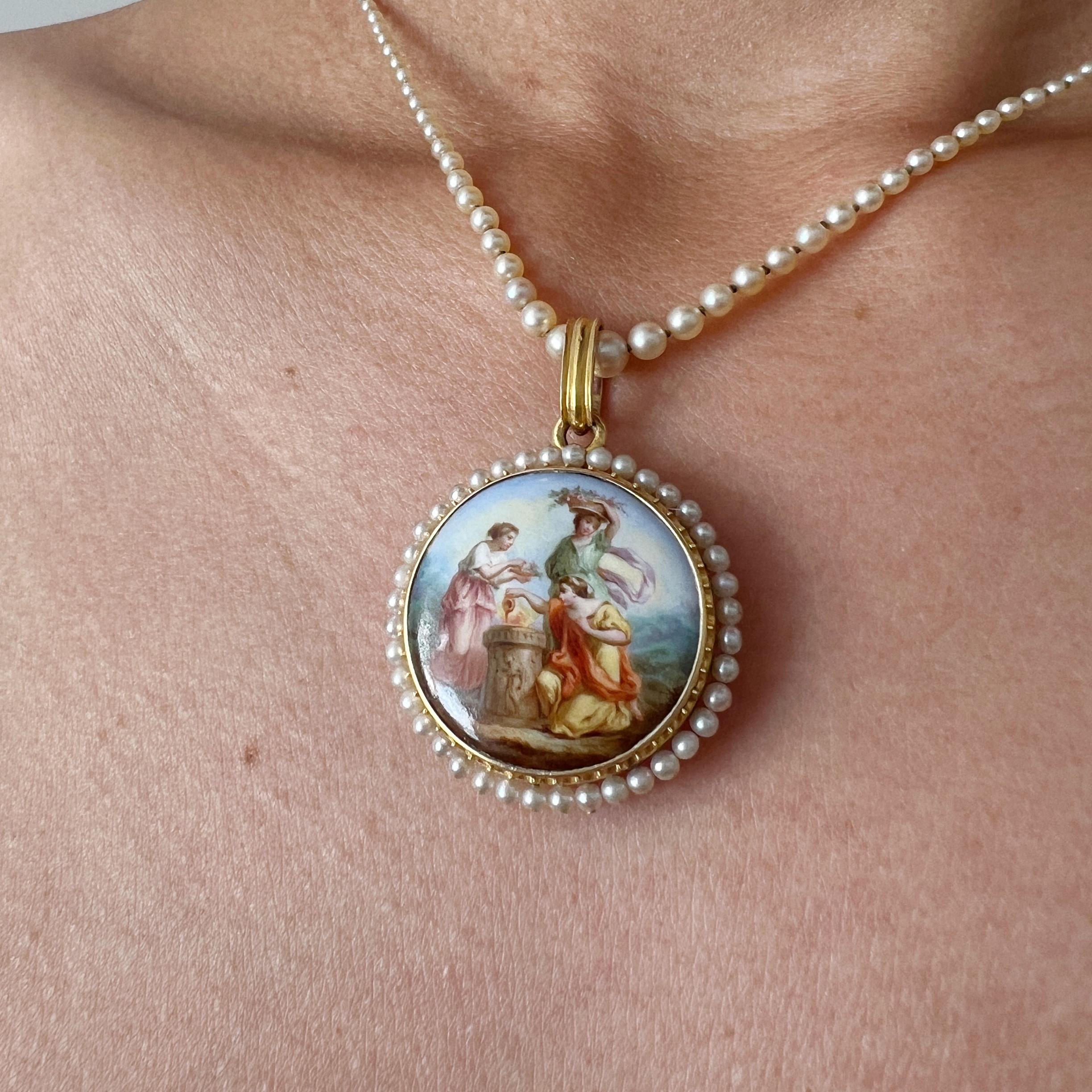 Victorian era 18K gold natural pearl enamel miniature portrait locket pendant 5