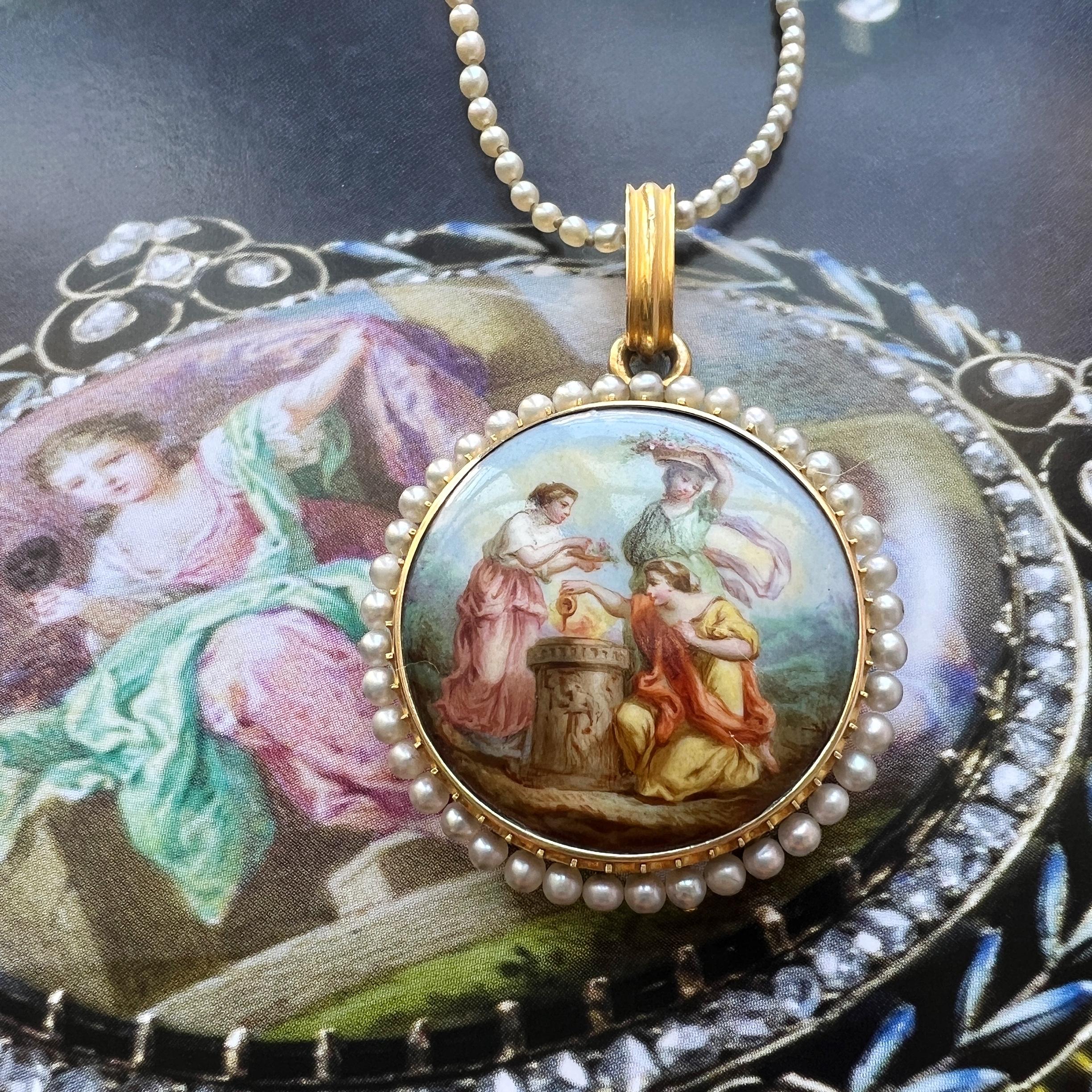 Victorian era 18K gold natural pearl enamel miniature portrait locket pendant 6