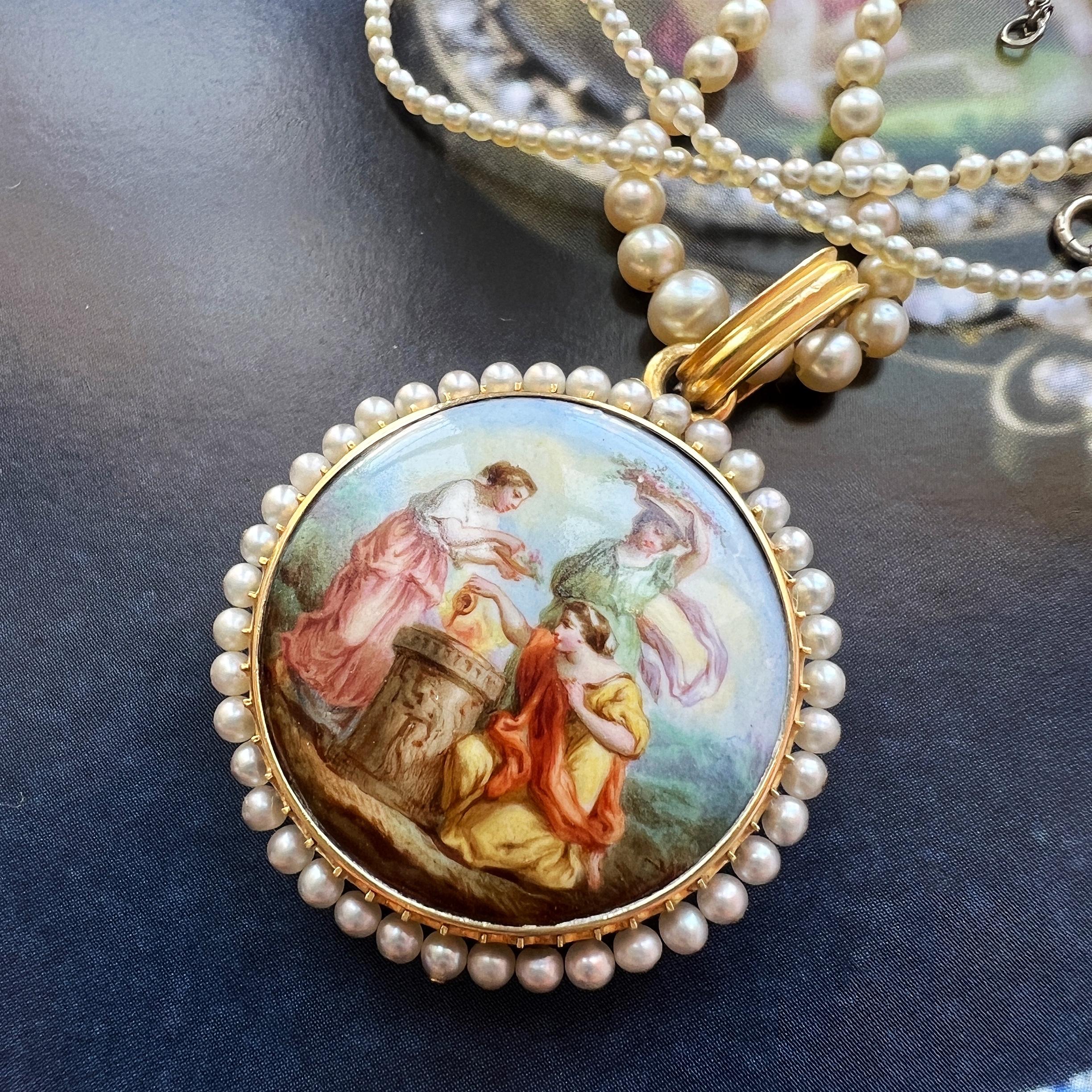 For sale an extraordinary Victorian era enameled miniature portrait locket pendant, a true masterpiece that encapsulates the essence of love, faith, and artistic splendor. This exquisite pendant features a captivating scene of three women standing
