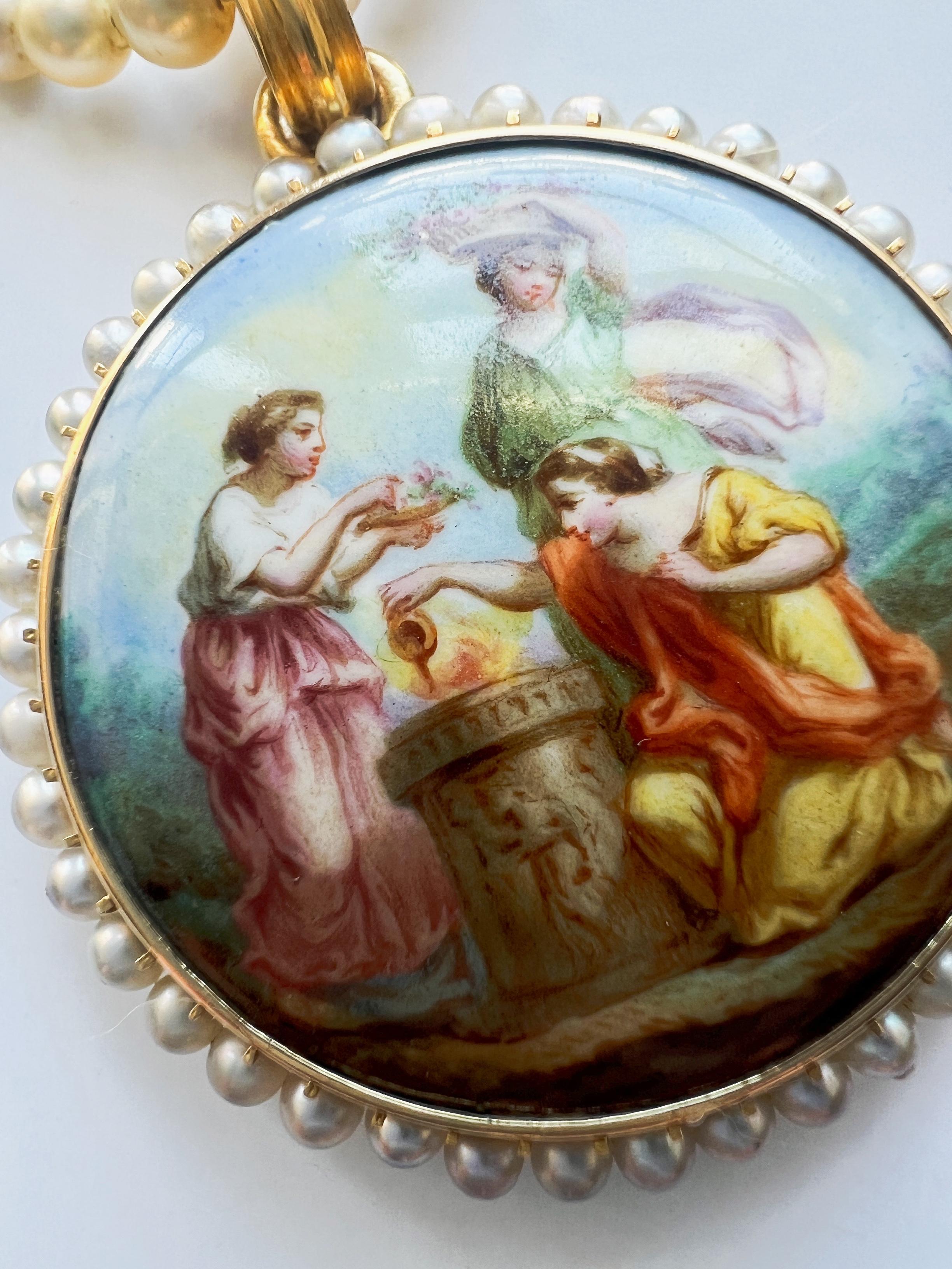 Bead Victorian era 18K gold natural pearl enamel miniature portrait locket pendant