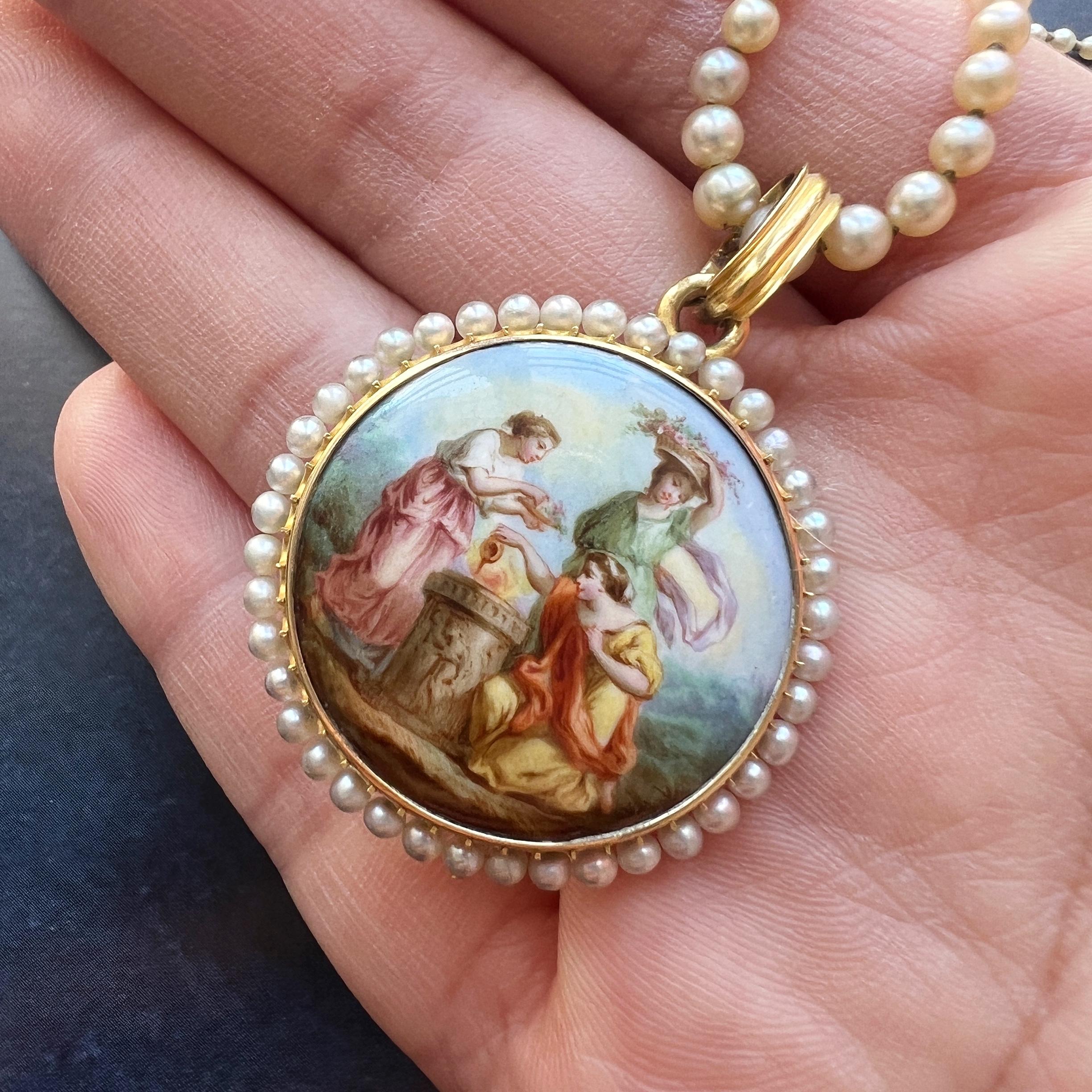 Women's or Men's Victorian era 18K gold natural pearl enamel miniature portrait locket pendant