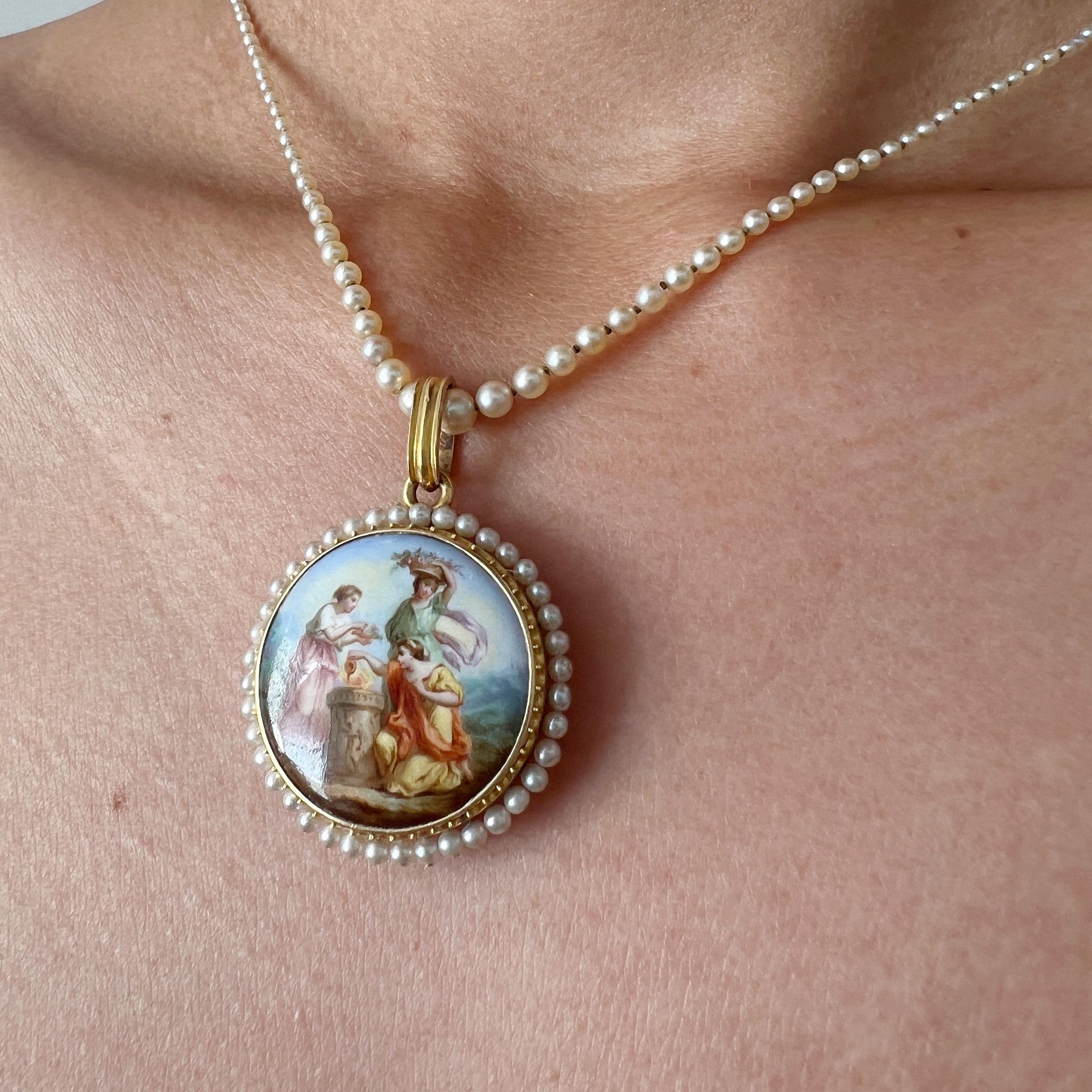 Victorian era 18K gold natural pearl enamel miniature portrait locket pendant 1