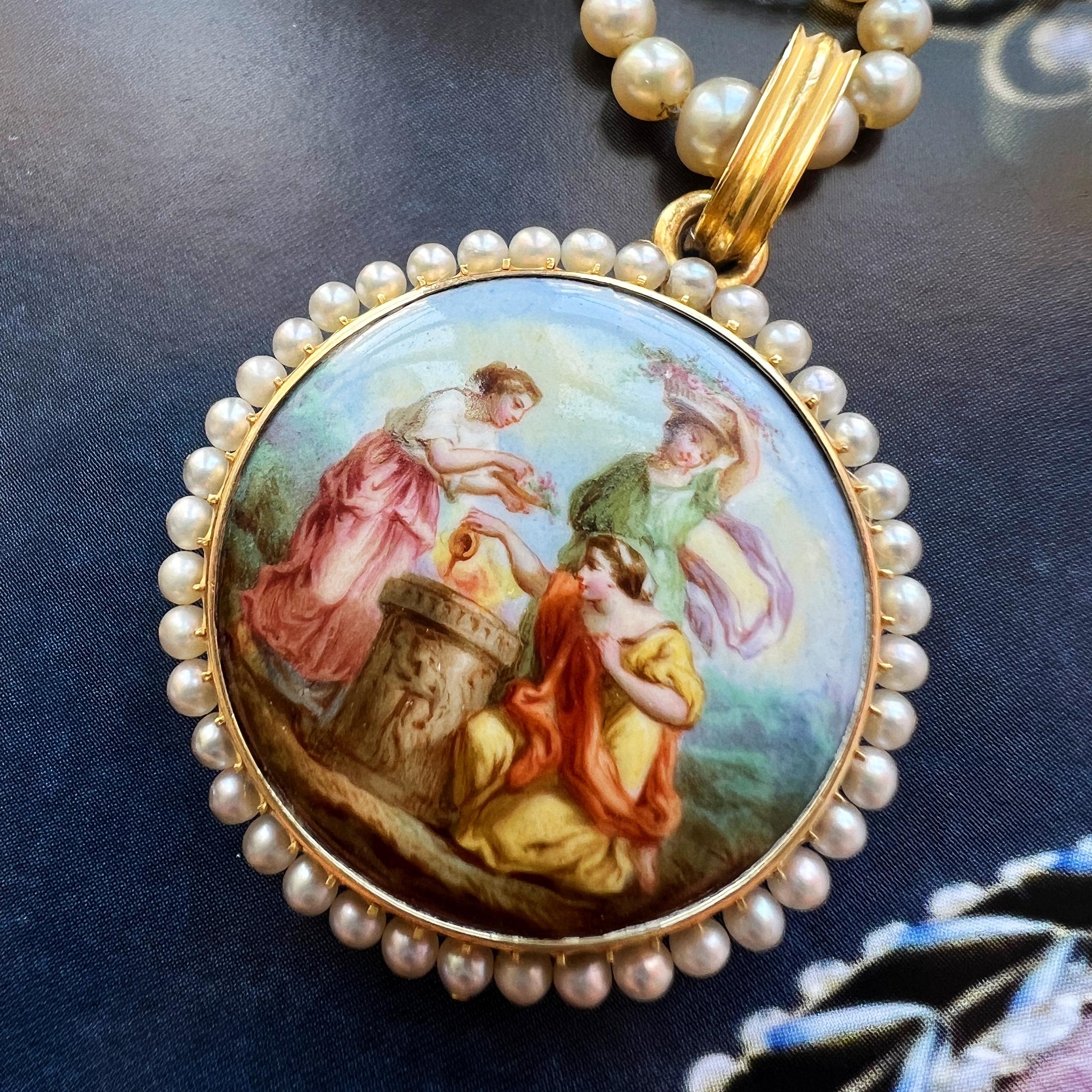 Victorian era 18K gold natural pearl enamel miniature portrait locket pendant 2