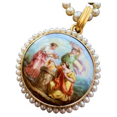 Viktorianischen Ära 18K Gold natürliche Perle Emaille Miniatur Porträt Medaillon Anhänger
