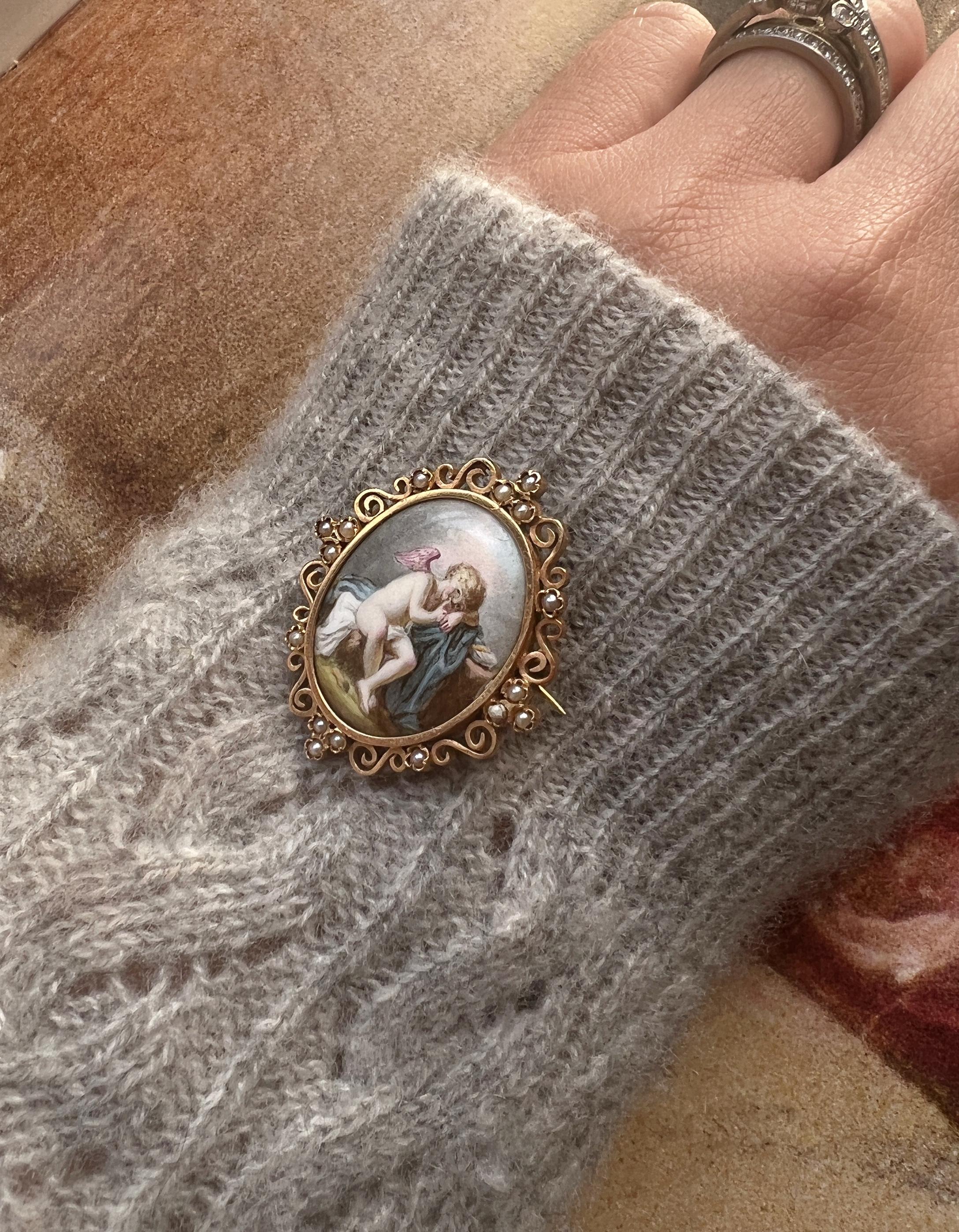 Women's or Men's Victorian Era 18k Gold Natural Seed Pearls Angel Brooch