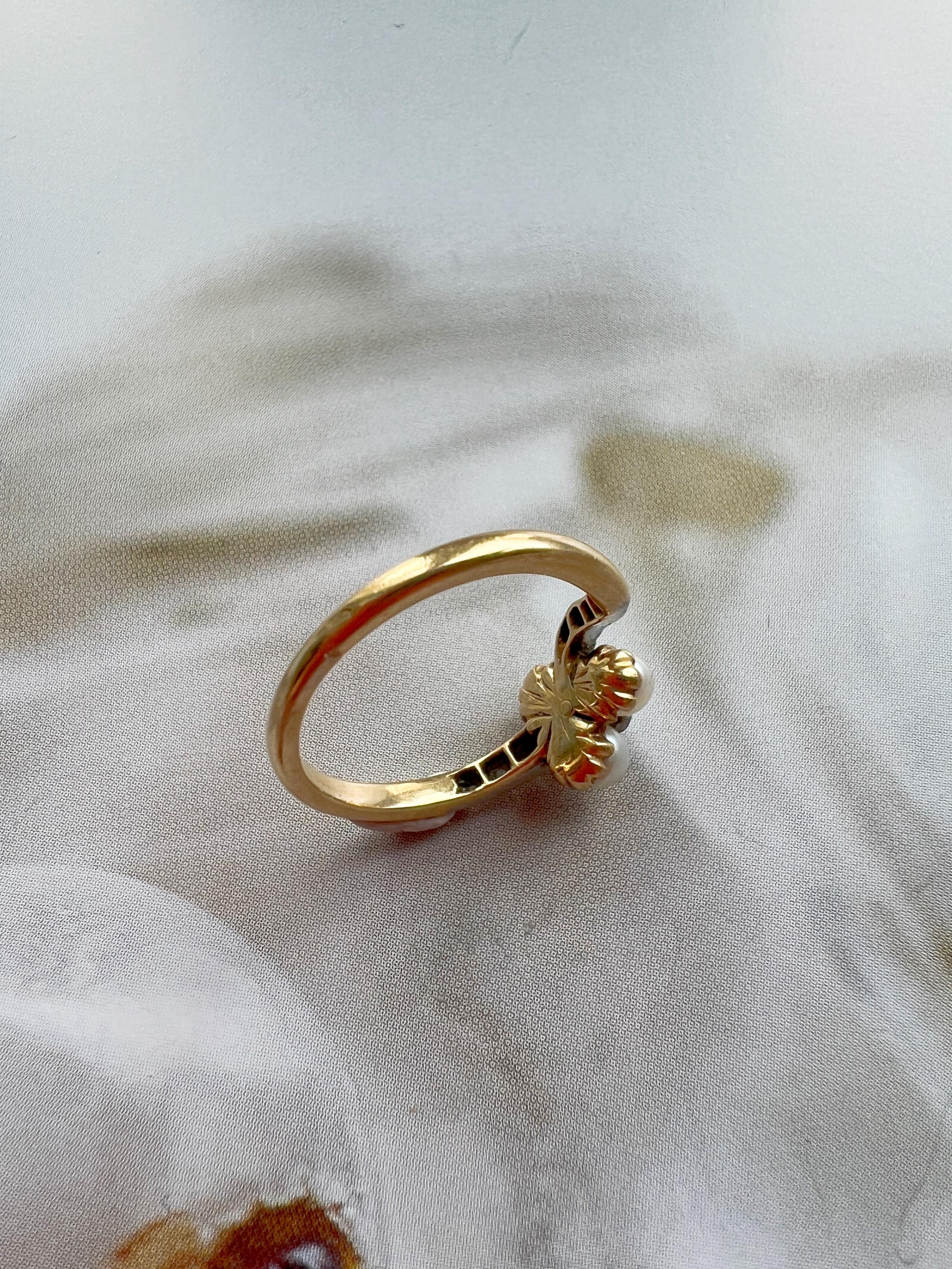Rose Cut Victorian Era 18k Gold Pearl Diamond Clover Ring