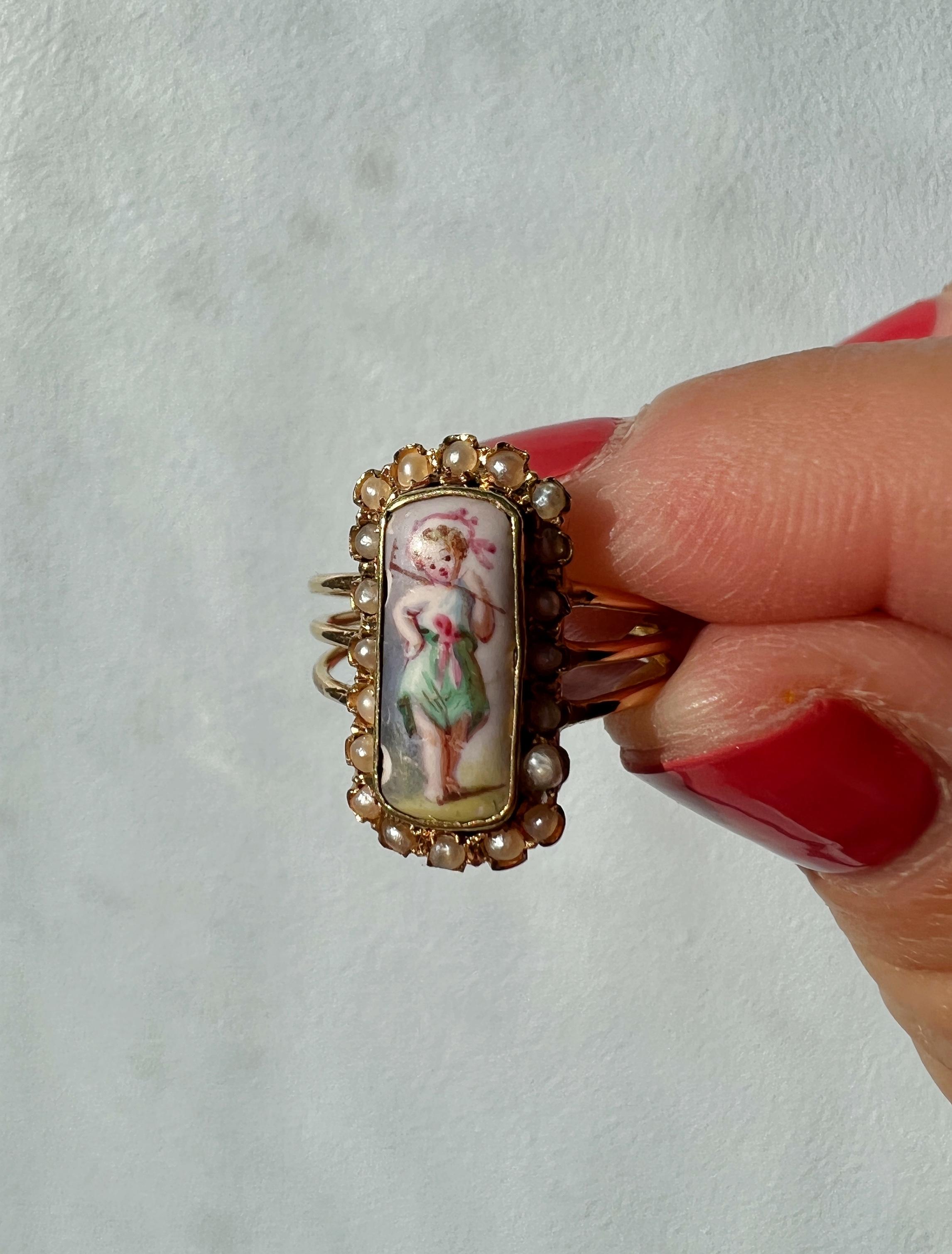 Bead Victorian era 18k Gold Pearl little girl miniature portrait Ring