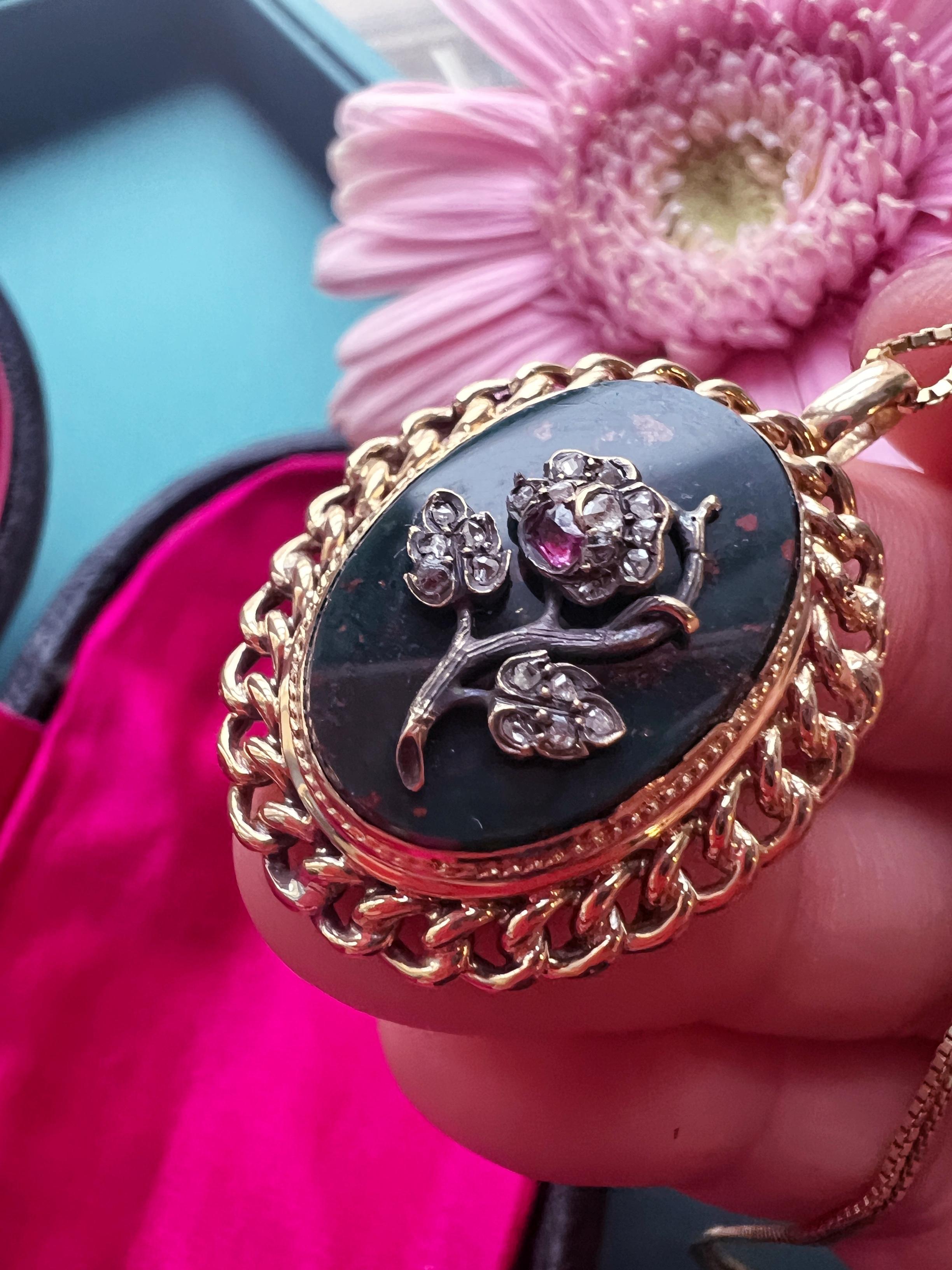 Rose Cut Victorian era 18K gold pendant with diamond ruby flower on bloodstone