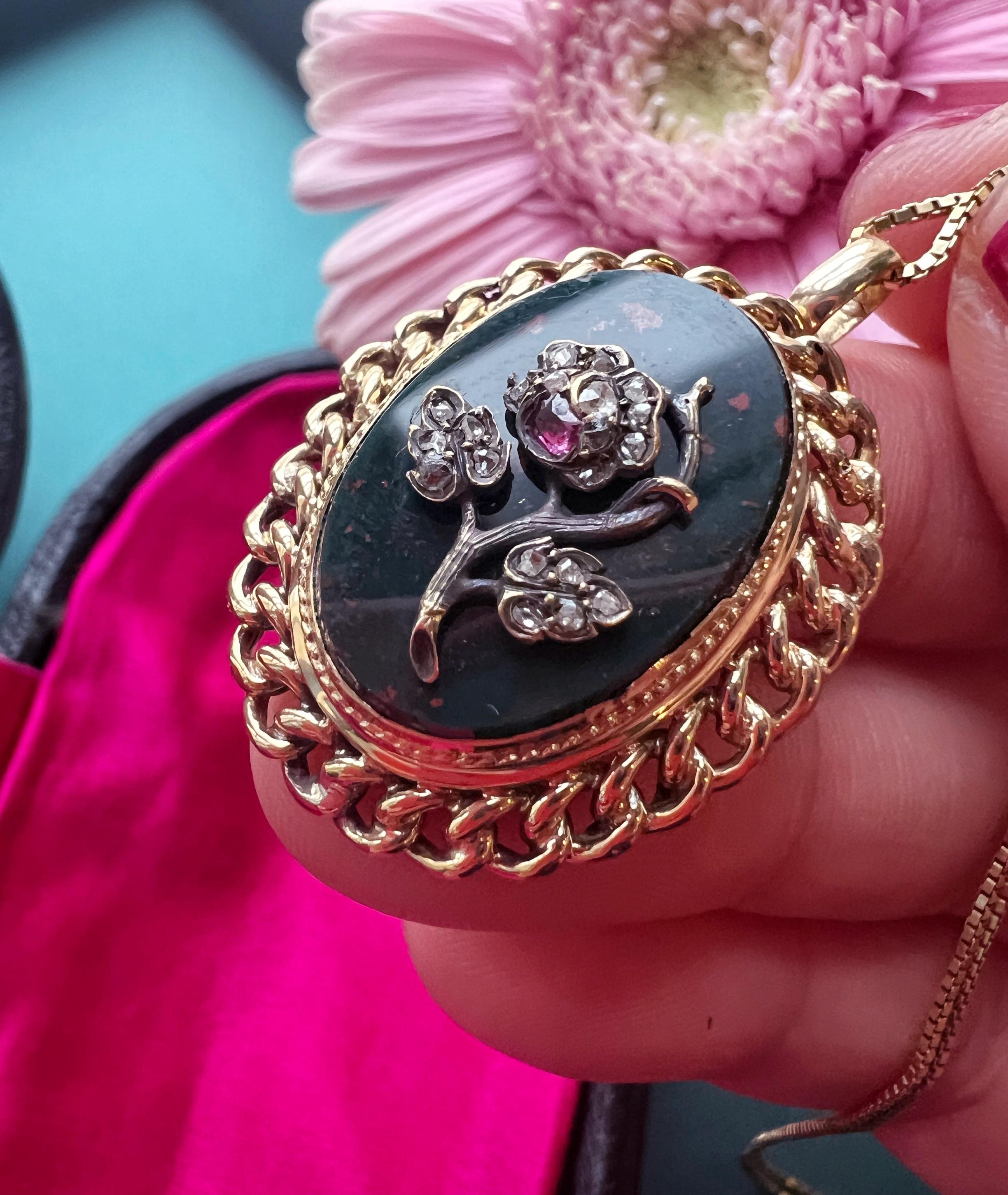 Women's Victorian era 18K gold pendant with diamond ruby flower on bloodstone