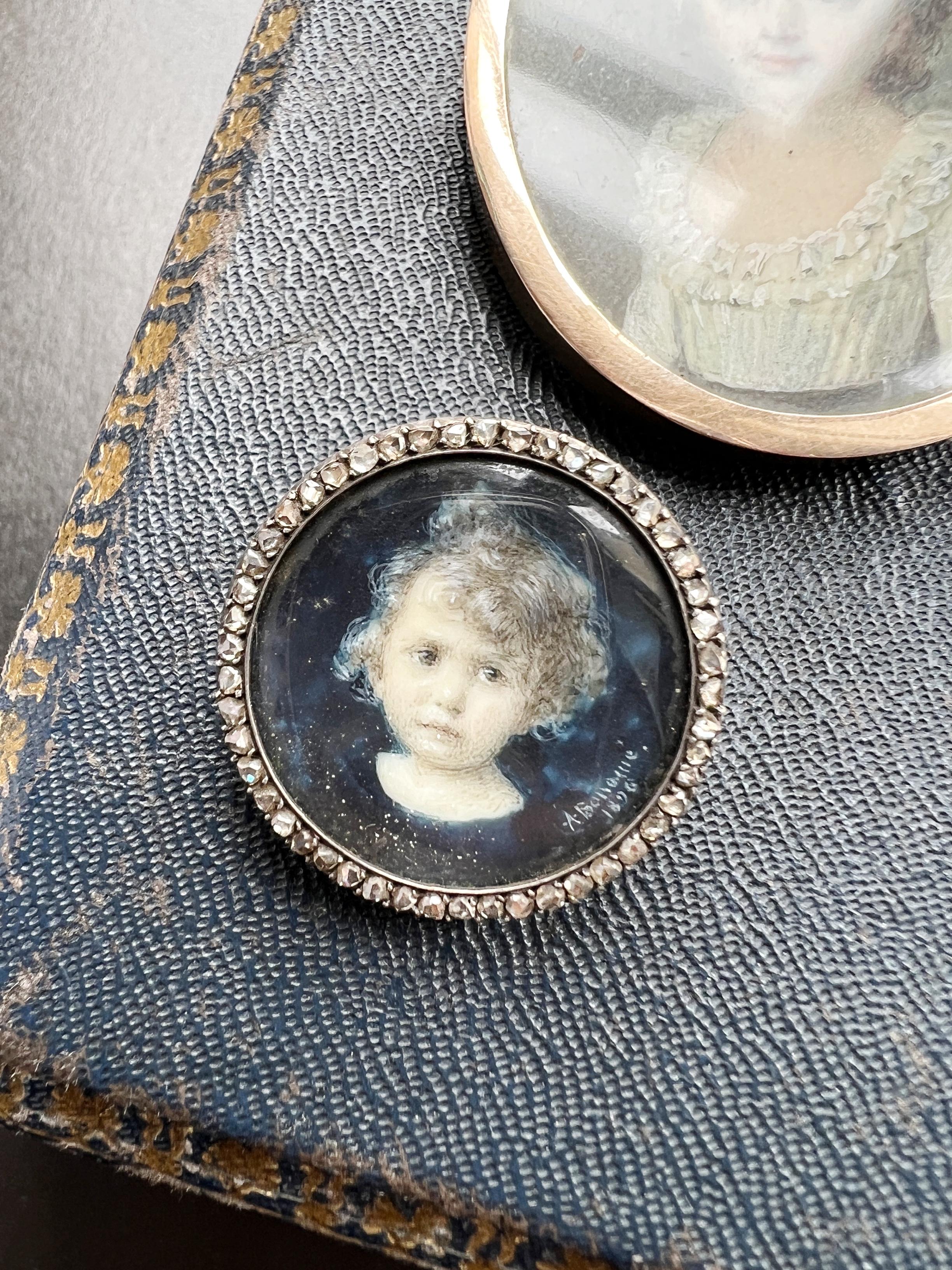 Victorian Era 18k Gold Rose Cut Diamond Child Miniature Portrait Brooch In Good Condition In Versailles, FR