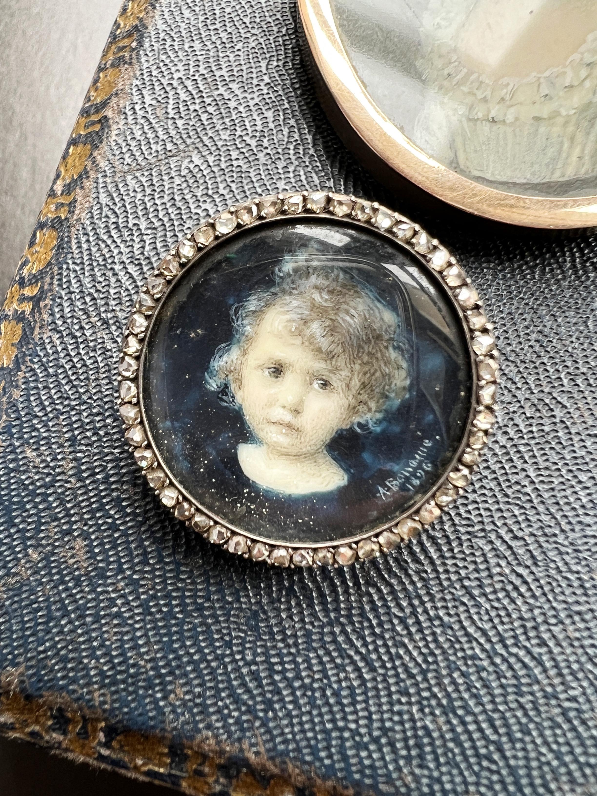 Women's or Men's Victorian Era 18k Gold Rose Cut Diamond Child Miniature Portrait Brooch