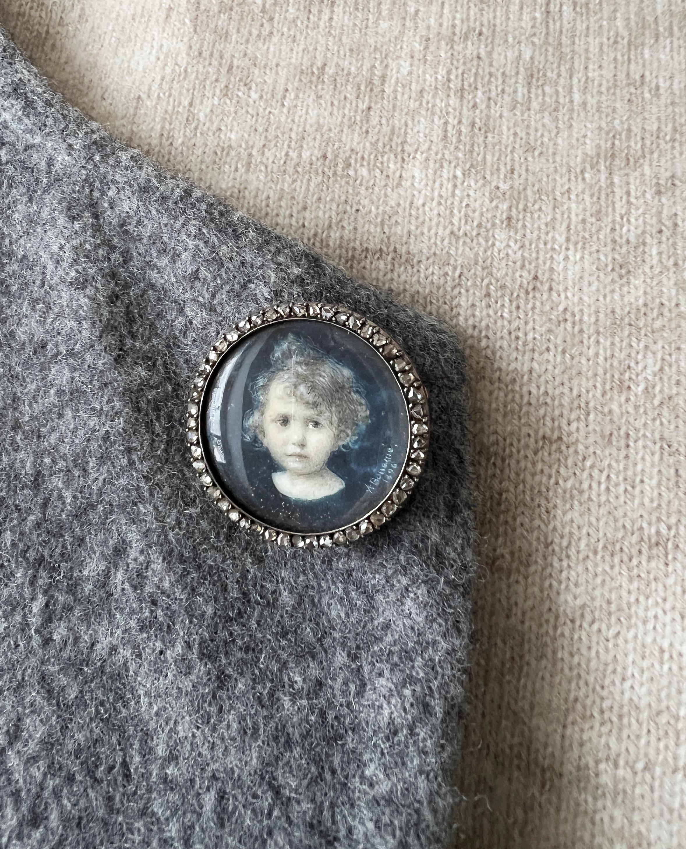 Victorian Era 18k Gold Rose Cut Diamond Child Miniature Portrait Brooch 1