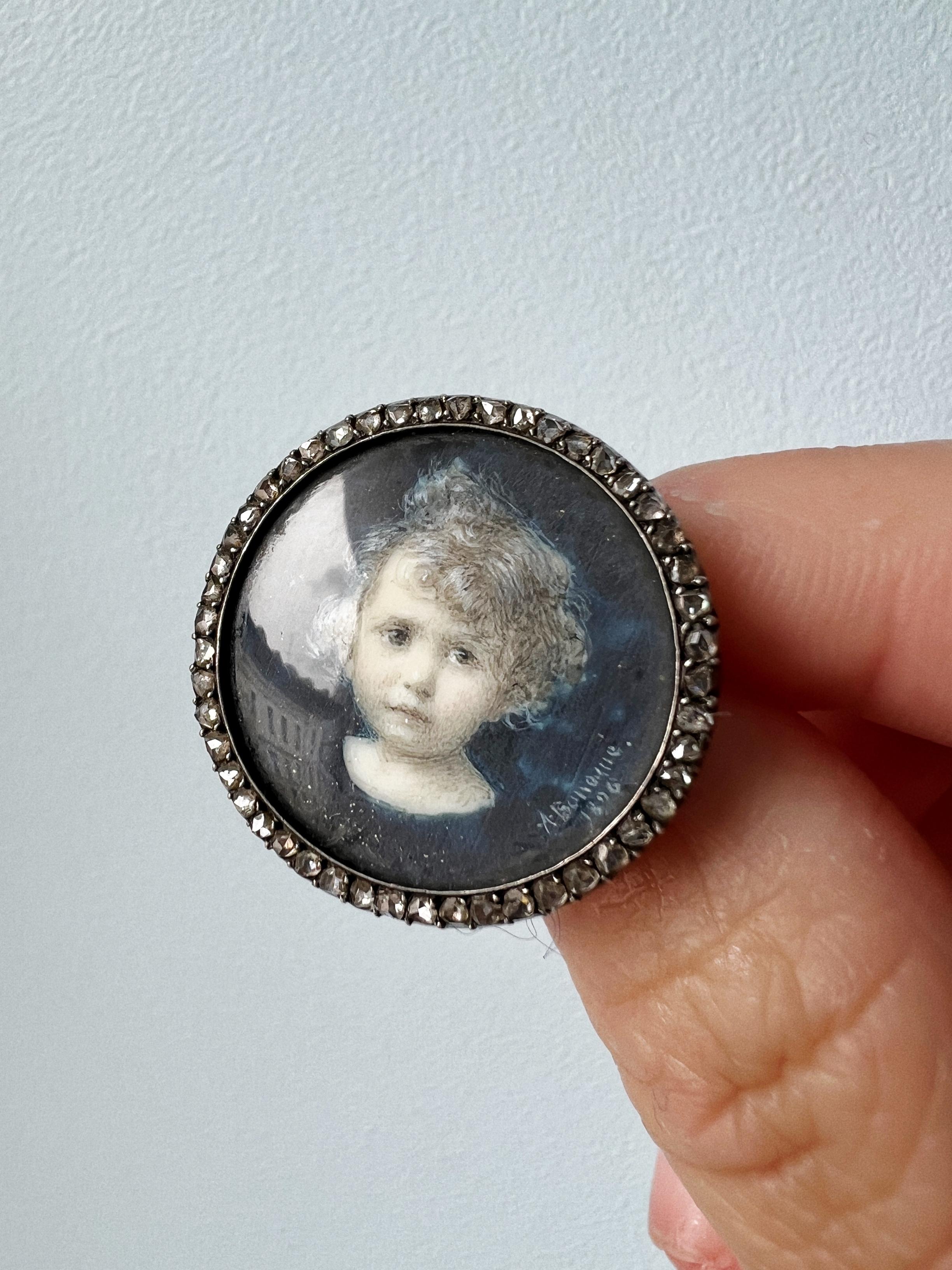 Victorian Era 18k Gold Rose Cut Diamond Child Miniature Portrait Brooch 2