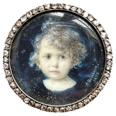 Antique Victorian Era 18k Gold Rose Cut Diamond Child Miniature Portrait Brooch