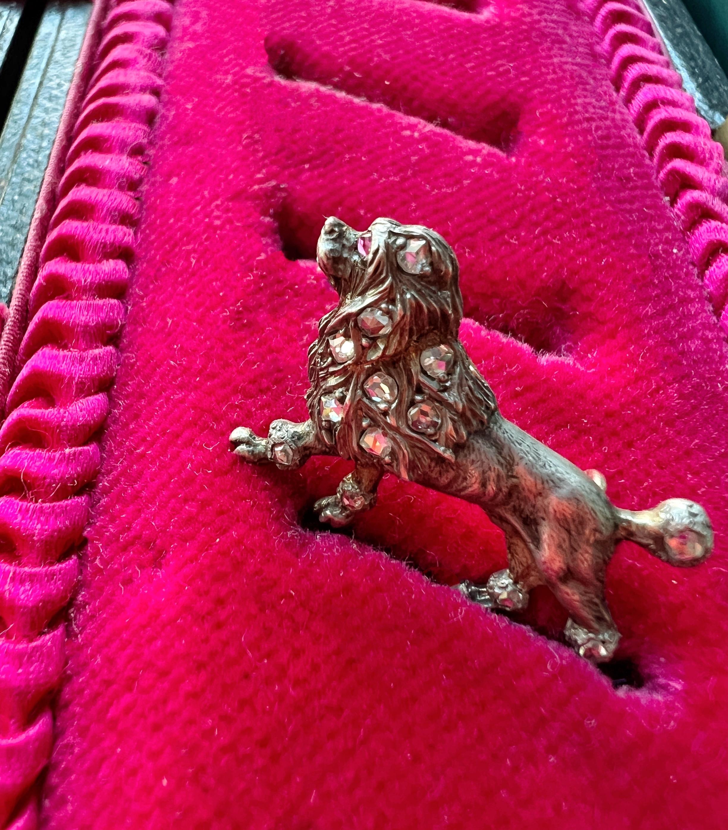 Women's or Men's Victorian Era 18K Gold Rose Cut Diamond Poodle Little Dog Brooch For Sale