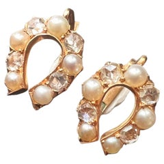 Victorian Era 18k Gold Rose Cut Diamonds and Pearls Horseshoe Earrings