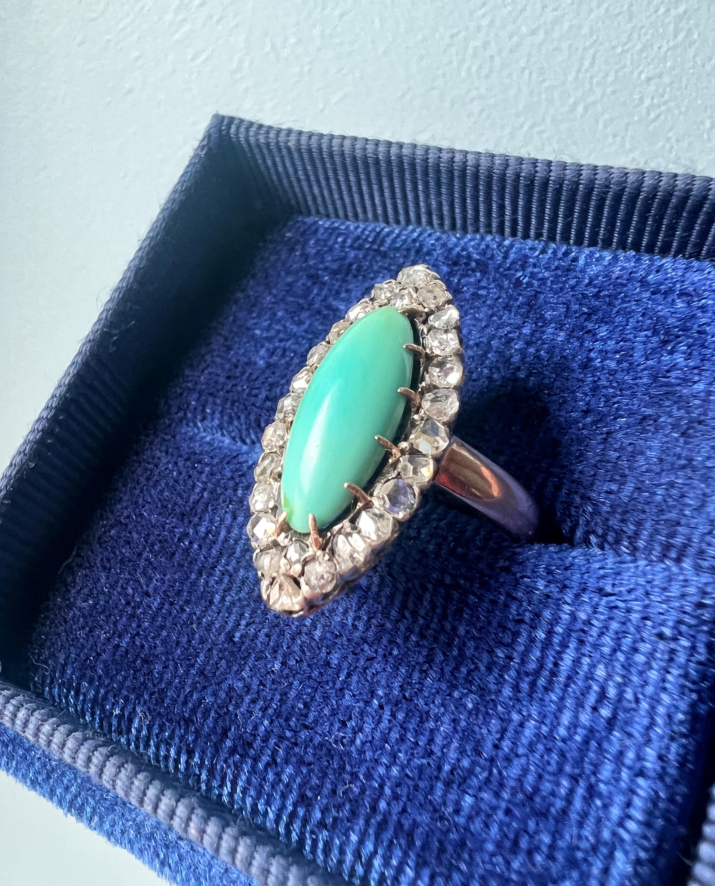 Marquise Cut Victorian Era 18K Gold Turquoise Diamond Marquise Ring