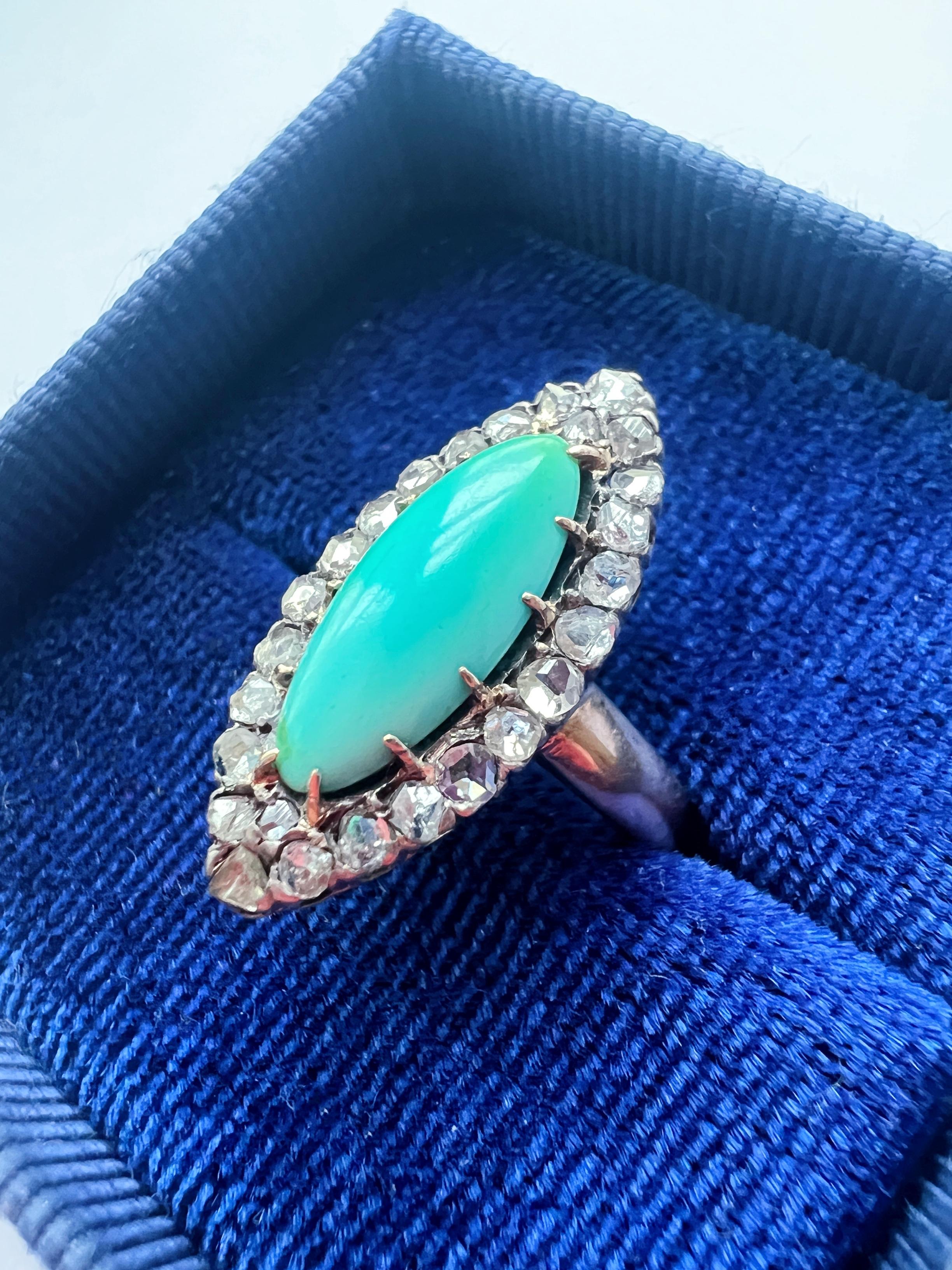 Victorian Era 18K Gold Turquoise Diamond Marquise Ring In Good Condition For Sale In Versailles, FR