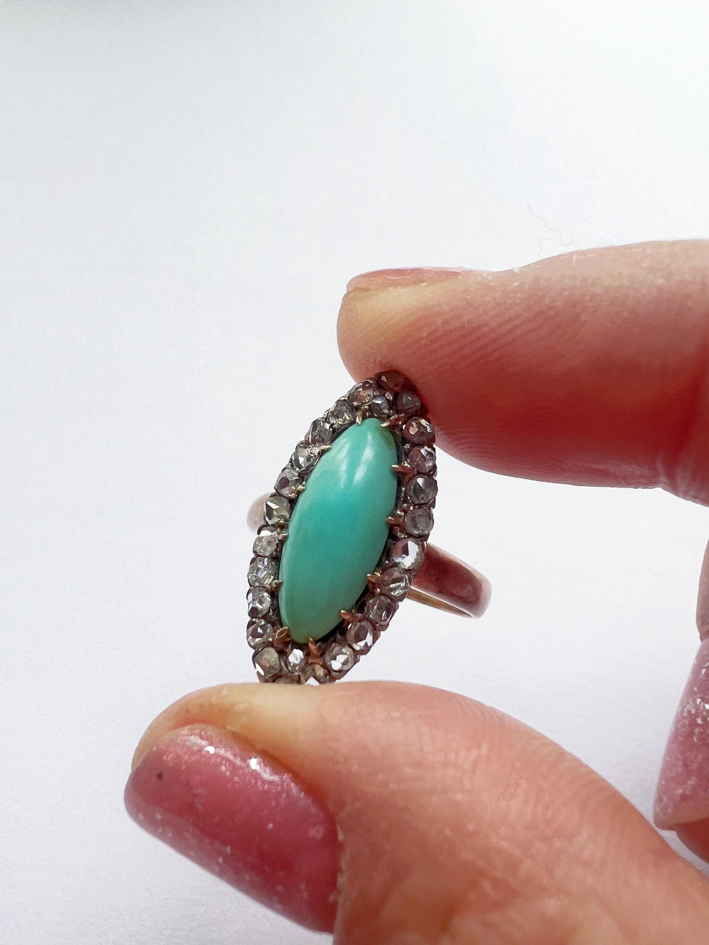 Women's Victorian Era 18K Gold Turquoise Diamond Marquise Ring For Sale