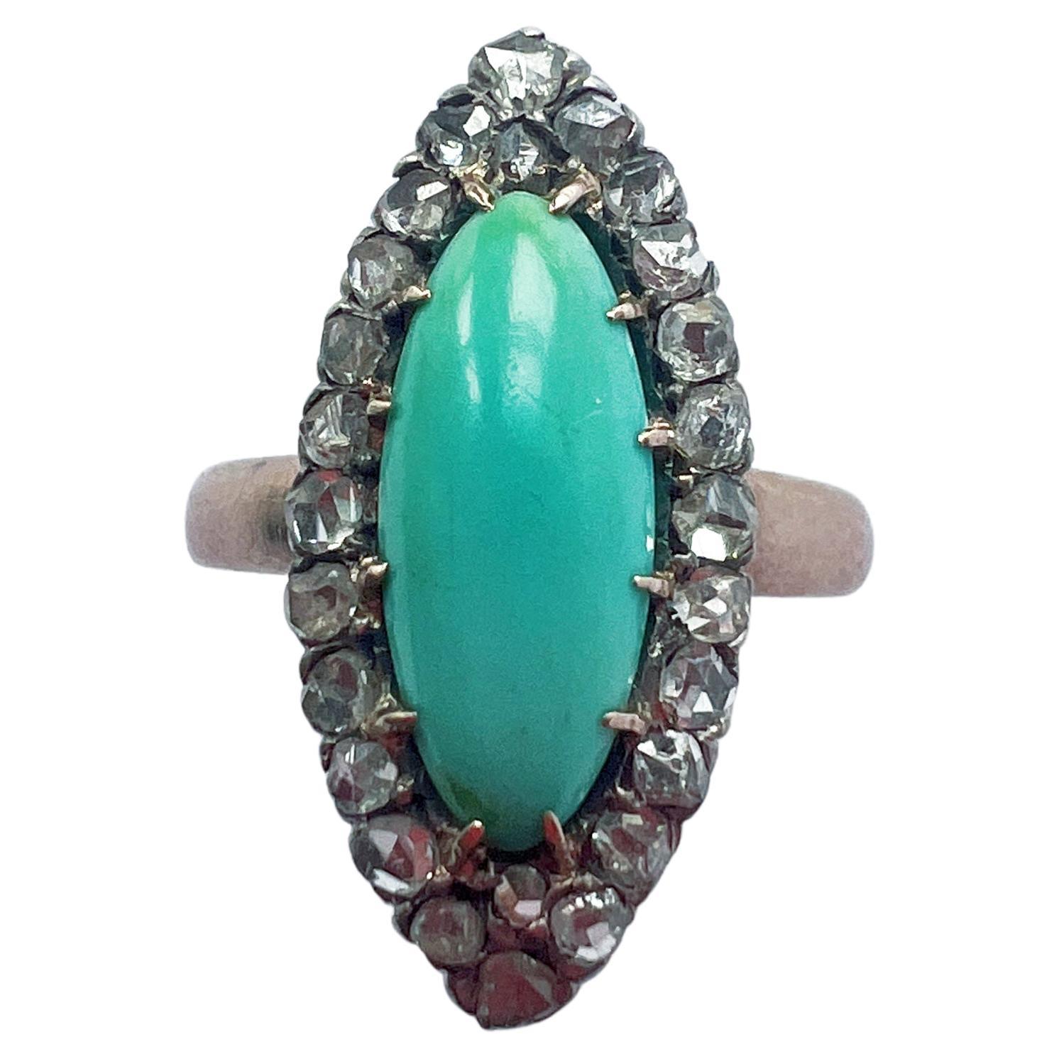 Victorian Era 18K Gold Turquoise Diamond Marquise Ring For Sale