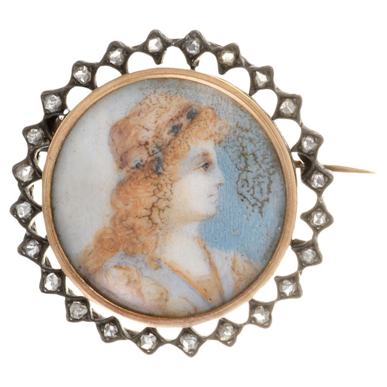 Victorian Era 18KT Yellow Gold And Silver Portrait Diamond Pin