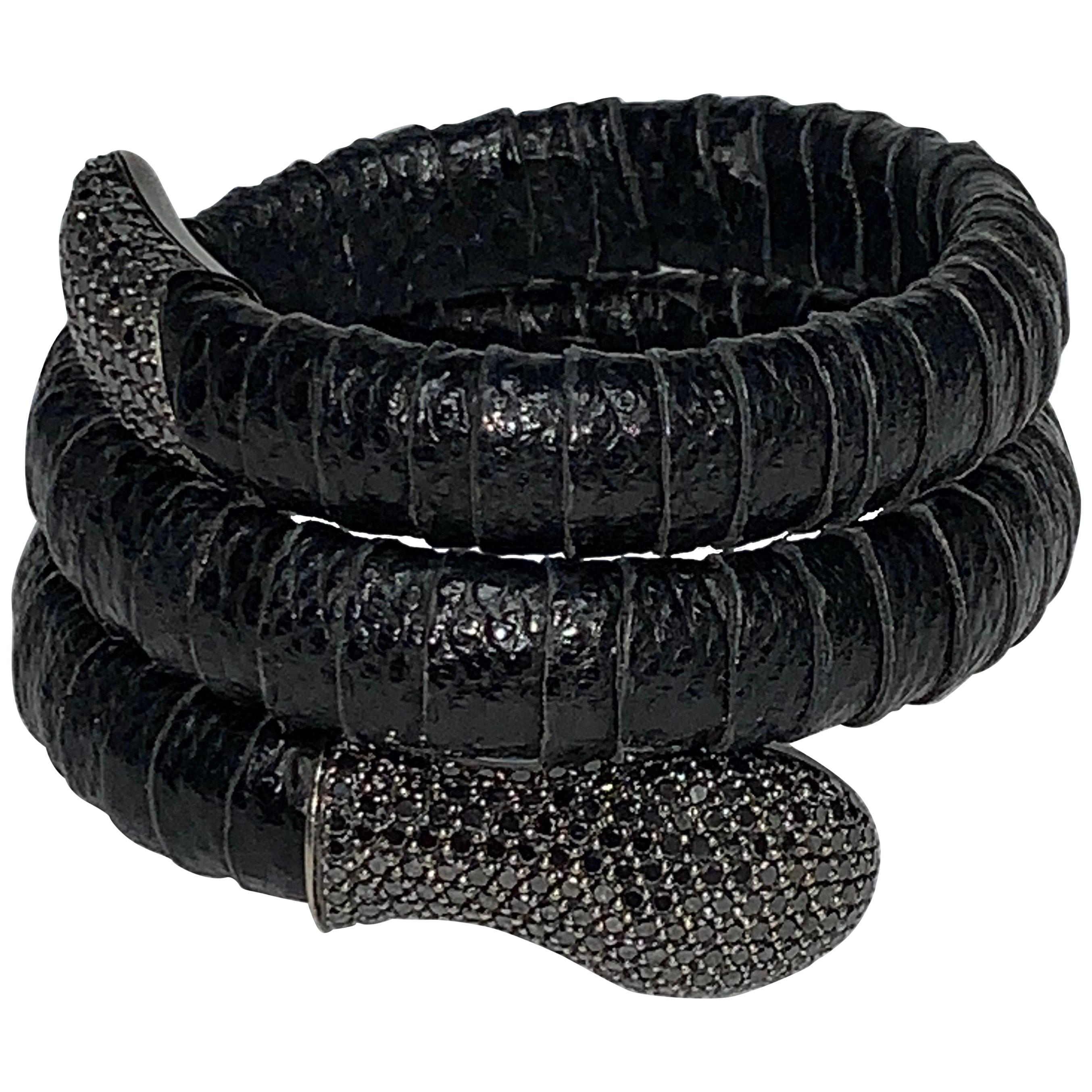 Black Pavé Diamond, Leather Snake Bracelet For Sale