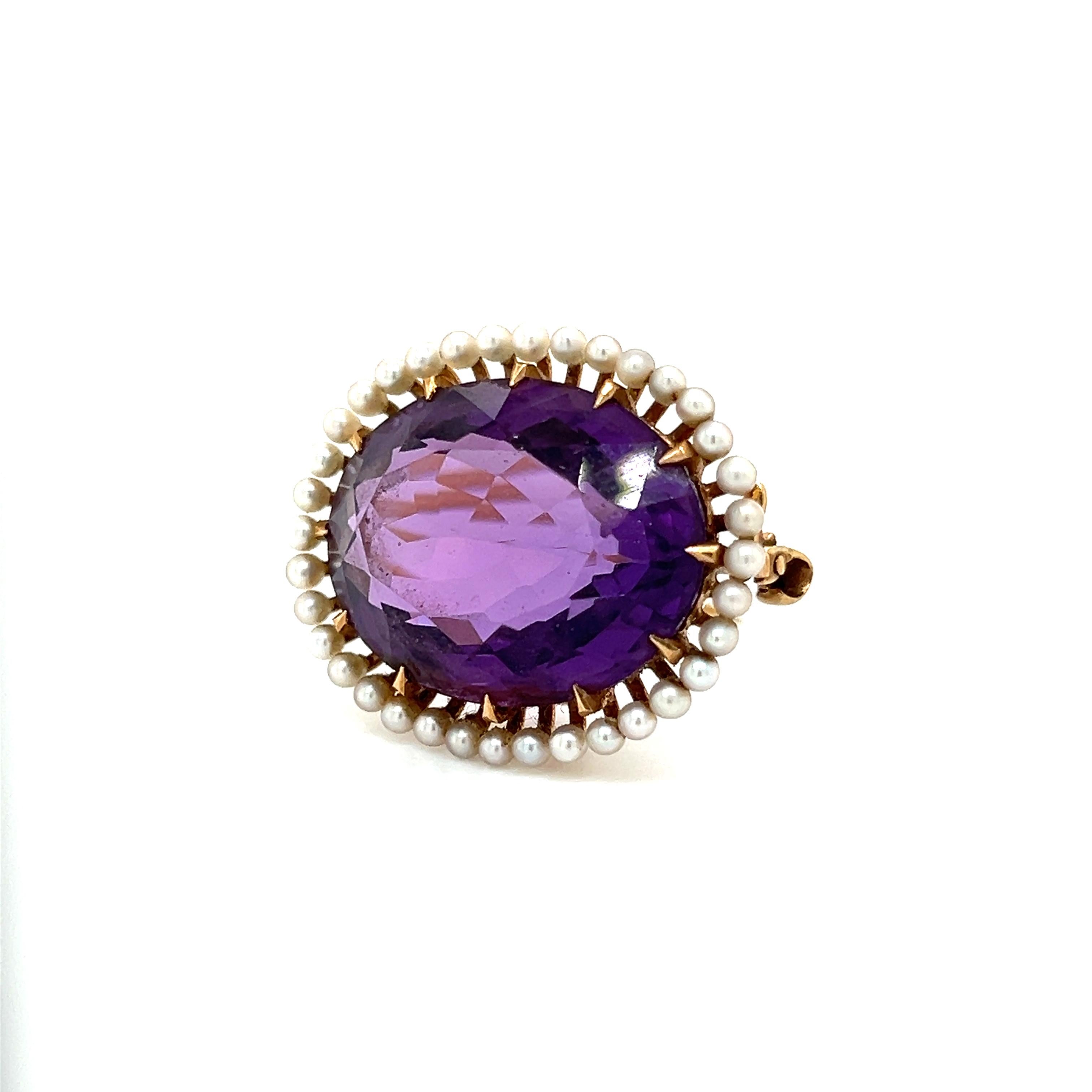 Mixed Cut Victorian Era Amethyst & Seed Pearl Brooch Pendant  For Sale