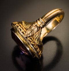 Victorian Era Antique Chased Gold Amethyst Unisex Ring