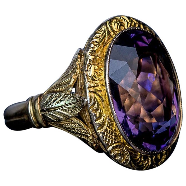 Victorian Era Antique Chased Gold Amethyst Unisex Ring at 1stDibs