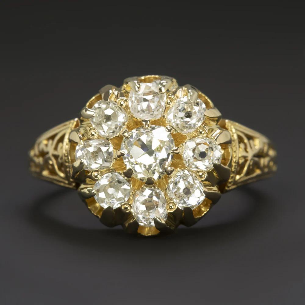 Victorian Era Antique Old Mine Cut Diamond Cluster Ring  1.35ct  18K Yellow Gold

A romantic treasure from the Victorian era, this antique diamond ring features a stunning cluster of hand-cut old mine diamonds in a bold and timeless design. Each