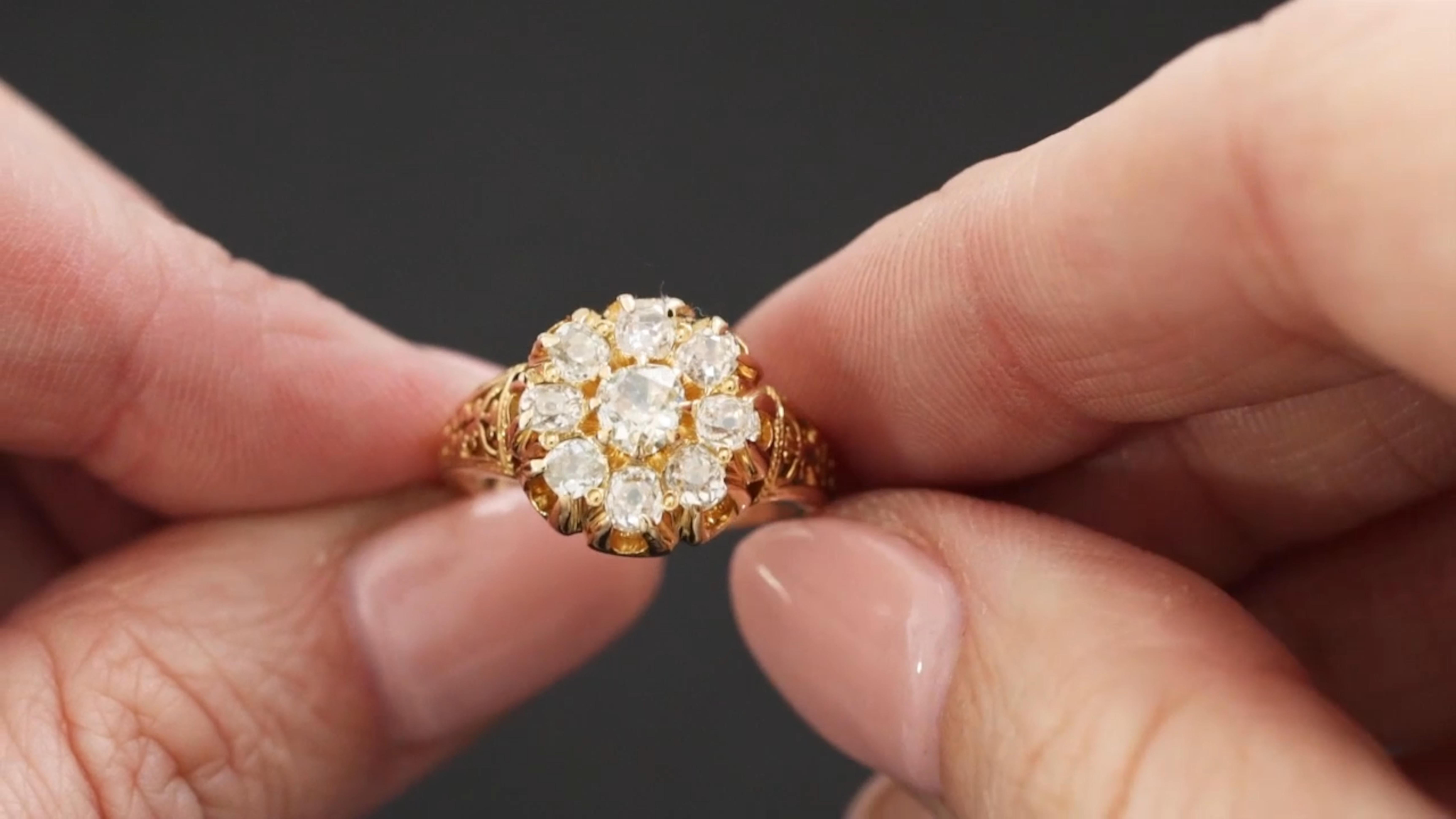 Victorian Era Antique Old Mine Cut Diamond Cluster Ring In Excellent Condition For Sale In Chicago, IL