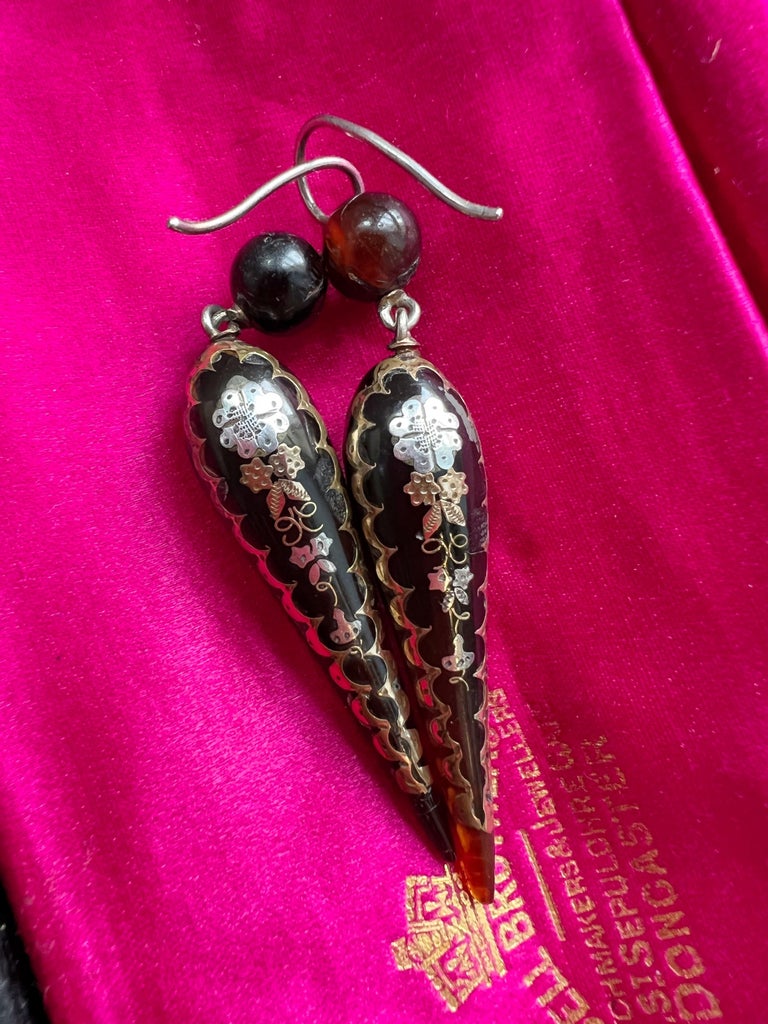 Victorian Era Antique Shell Gold Floral Inlay Earrings For Sale at 1stDibs