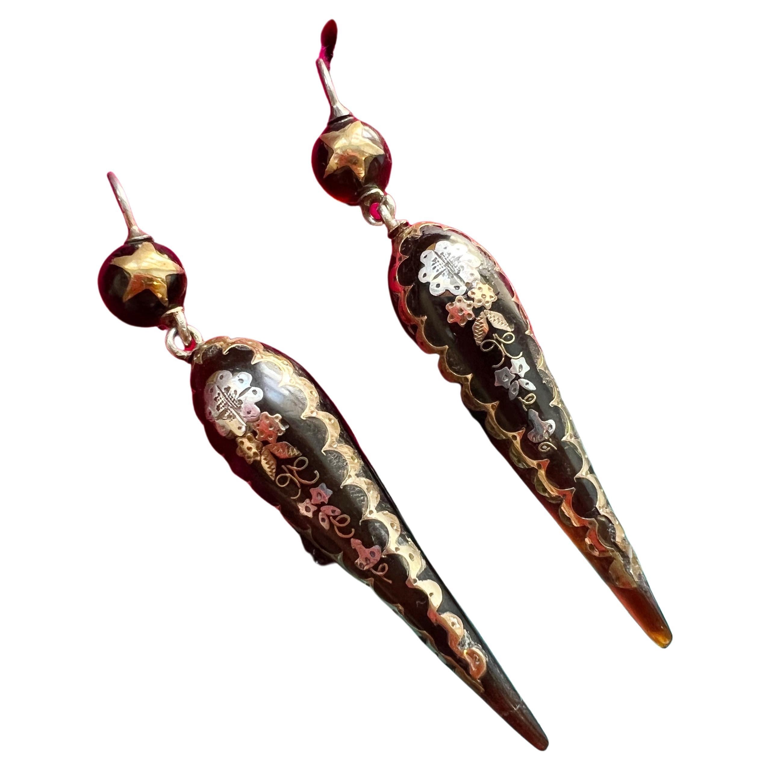 Victorian Era Antique Shell Gold Floral Inlay Earrings For Sale