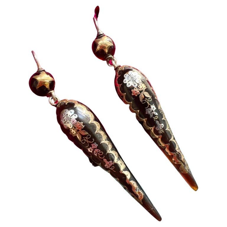 Victorian Era Antique Shell Gold Floral Inlay Earrings For Sale at 1stDibs