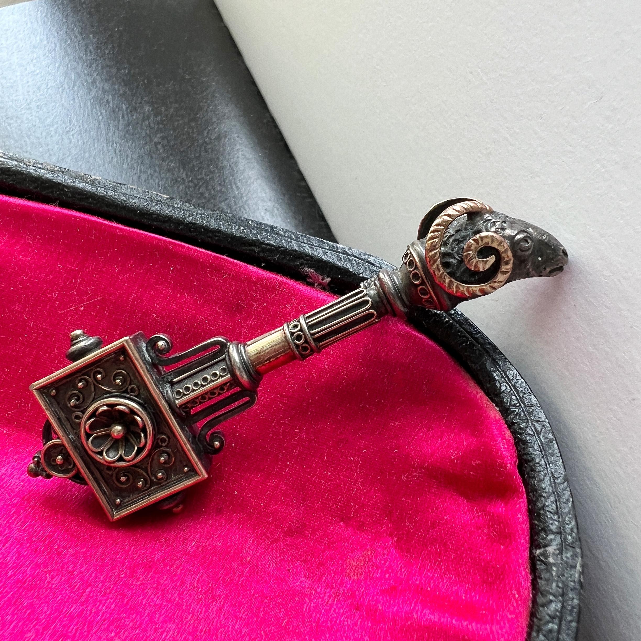 For sale a fine ram head locket brooch in the archaeological style which recalls us of the work of Castellani.

The brooch features a double-sided ram head with a small locket at the back. The jewelry is skillfully worked to reflect the lost art of