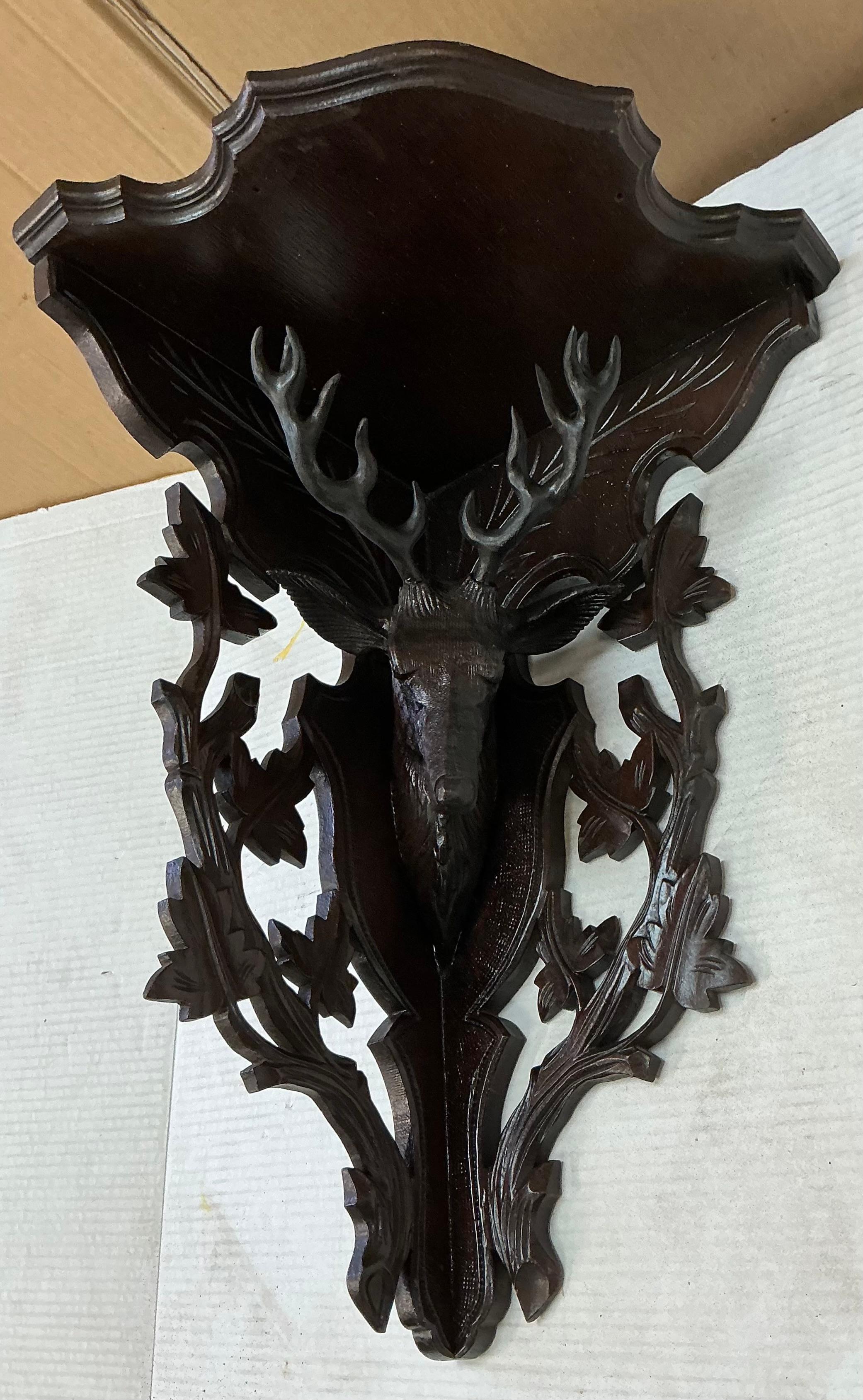 American Victorian Era Black Forest Style Oak Corner Shelf W/ Deer & Faux Bois Details