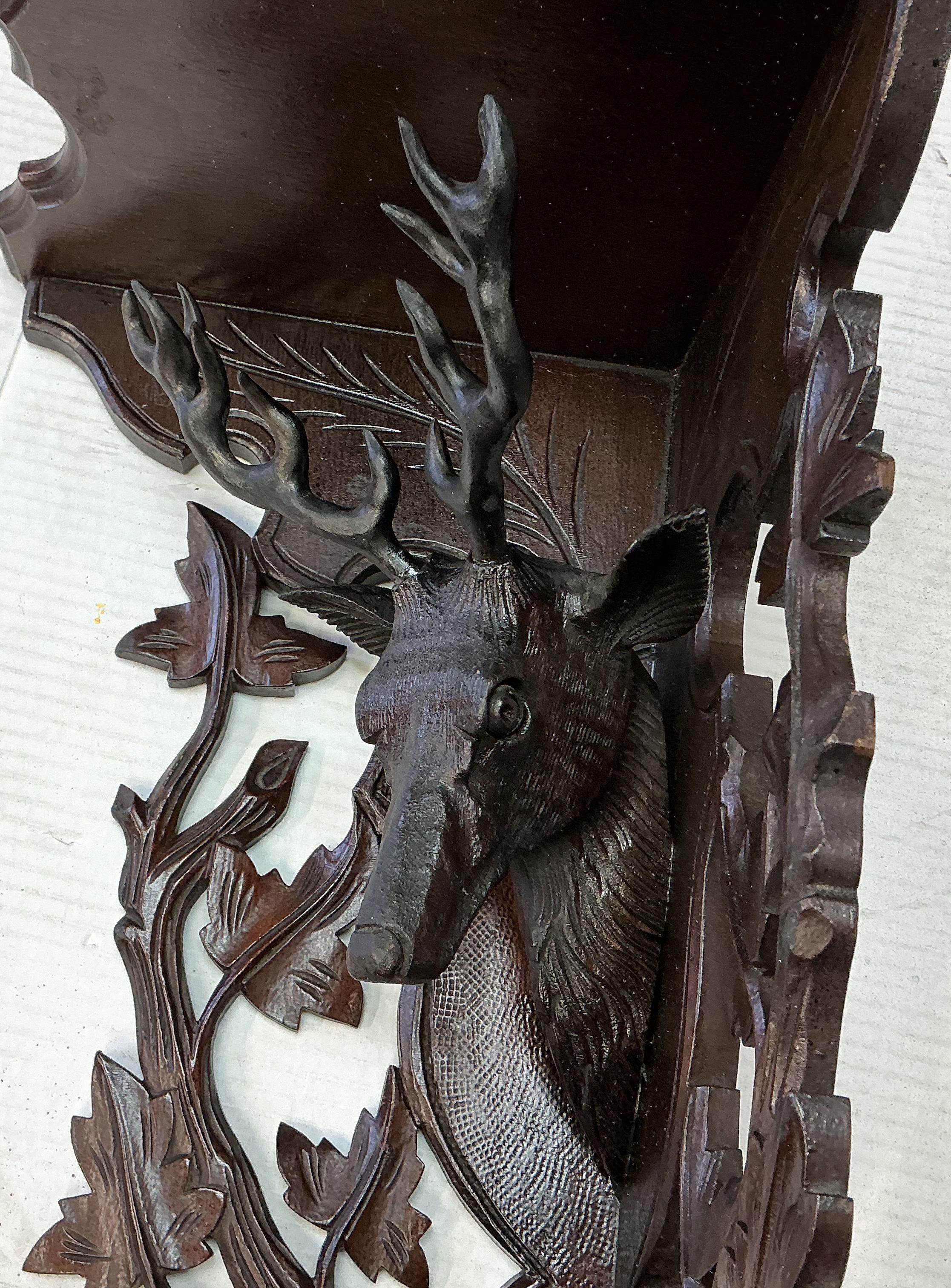 Victorian Era Black Forest Style Oak Corner Shelf W/ Deer & Faux Bois Details 1