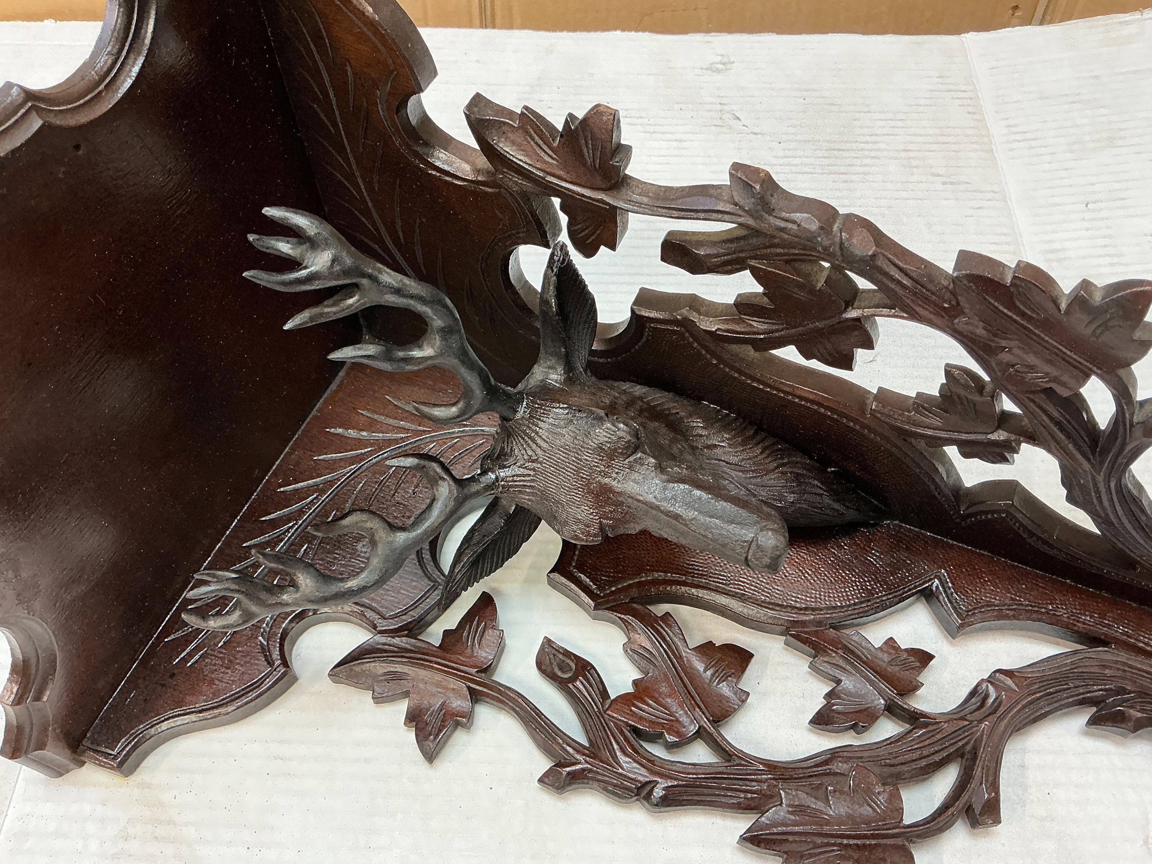 Victorian Era Black Forest Style Oak Corner Shelf W/ Deer & Faux Bois Details 2