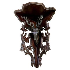 Victorian Era Black Forest Style Oak Corner Shelf W/ Deer & Faux Bois Details