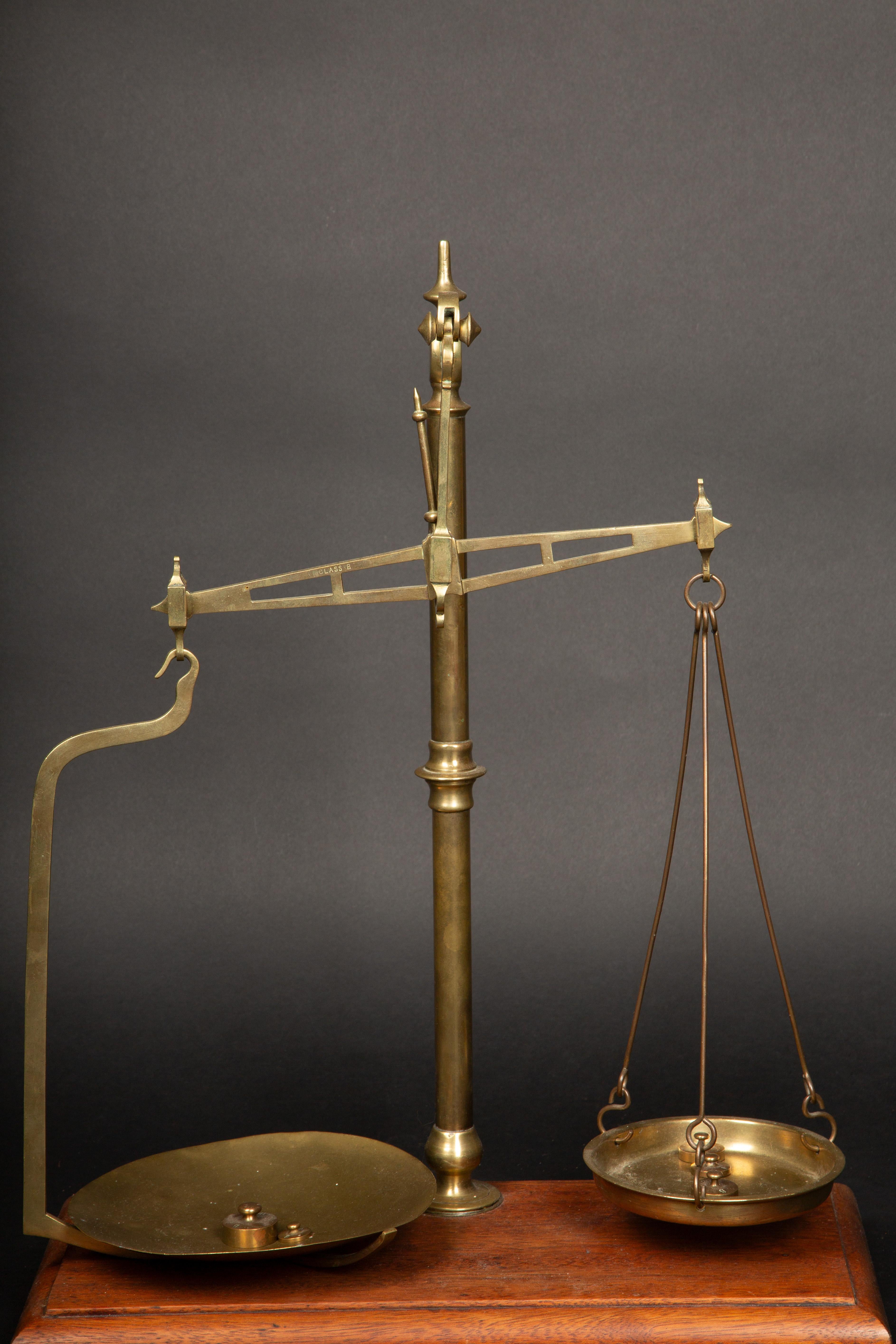 British Victorian Era Brass Balance Scale on Wooden Base - Late 19th C English Antique