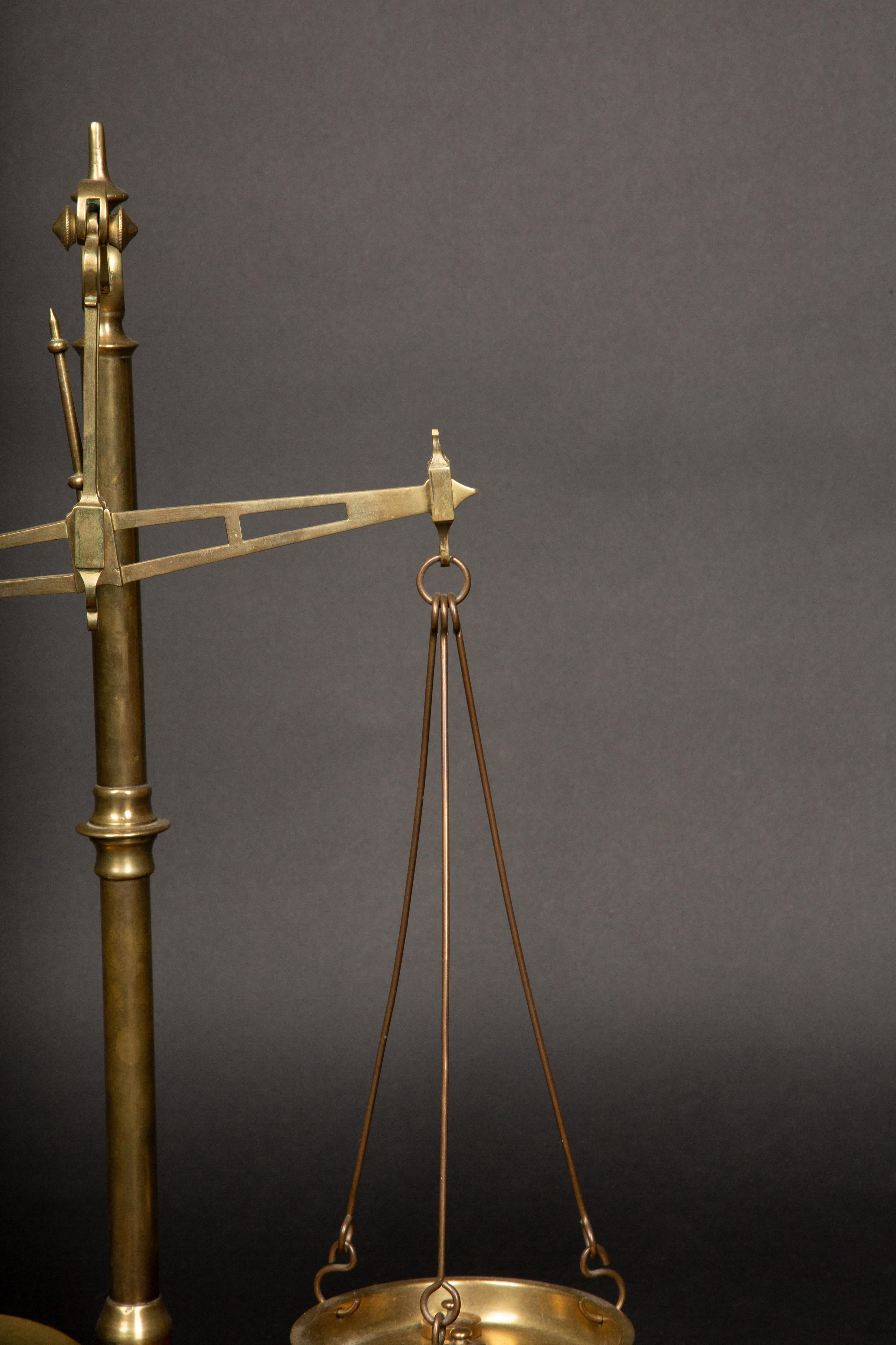 19th Century Victorian Era Brass Balance Scale on Wooden Base - Late 19th C English Antique
