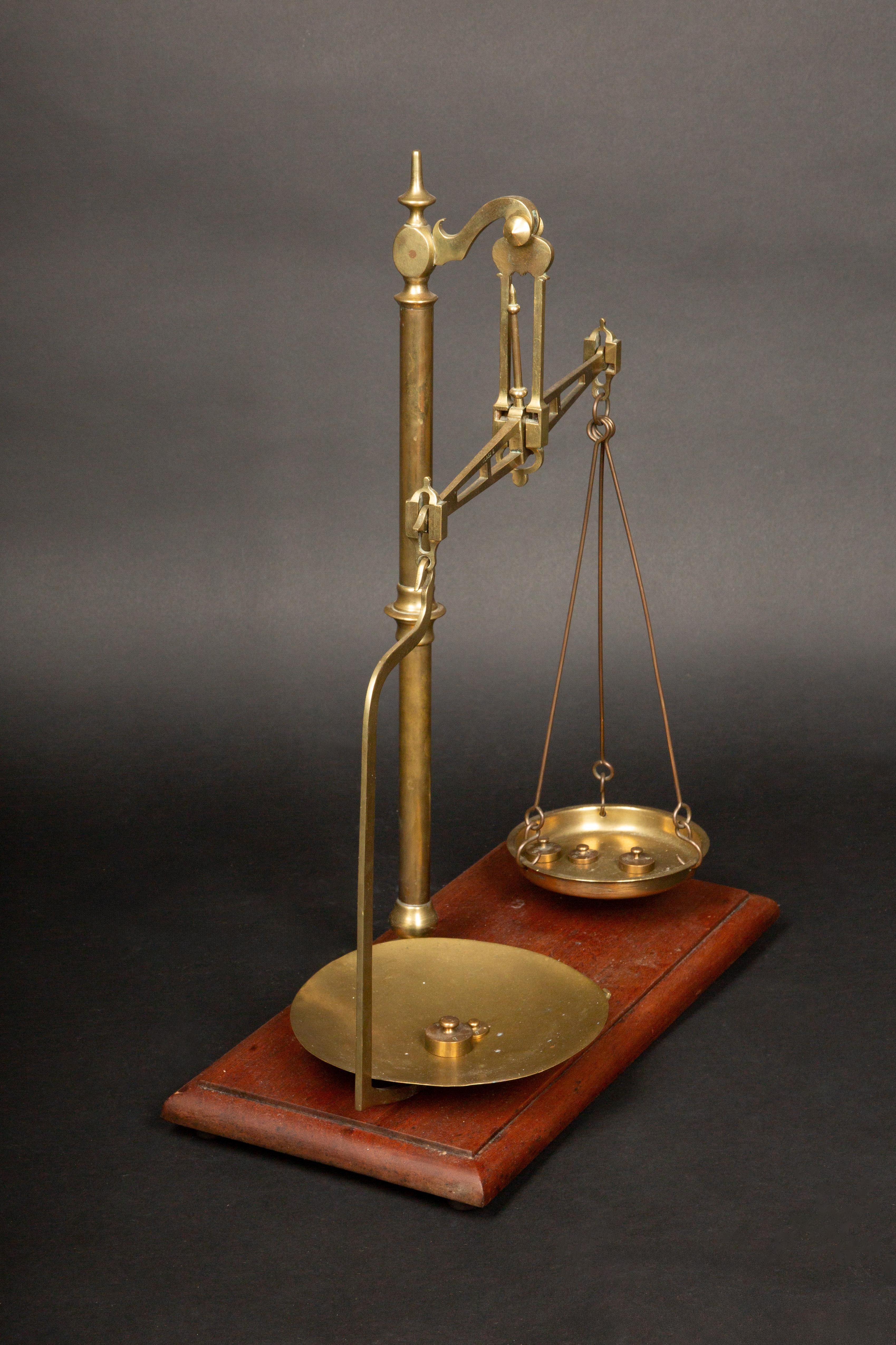 Victorian Era Brass Balance Scale on Wooden Base - Late 19th C English Antique 1