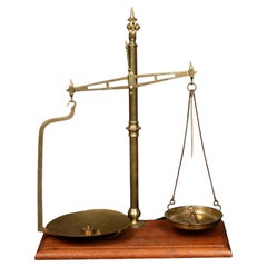 Victorian Era Brass Balance Scale on Wooden Base - Late 19th C English Antique