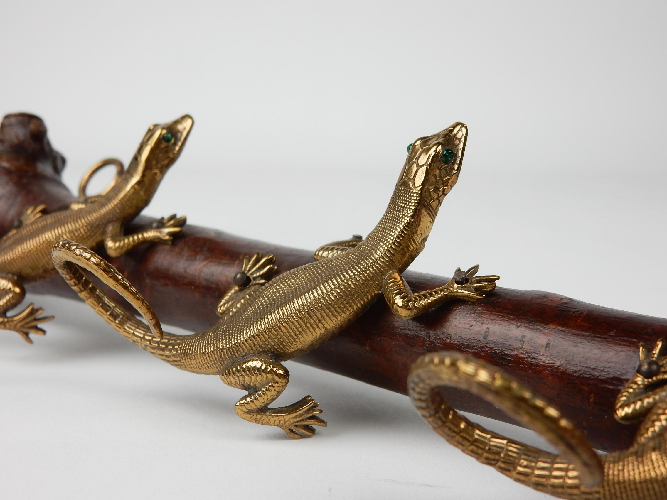 20th Century Victorian Era Bronze Lizards on Cherrywood Burl Key Holder