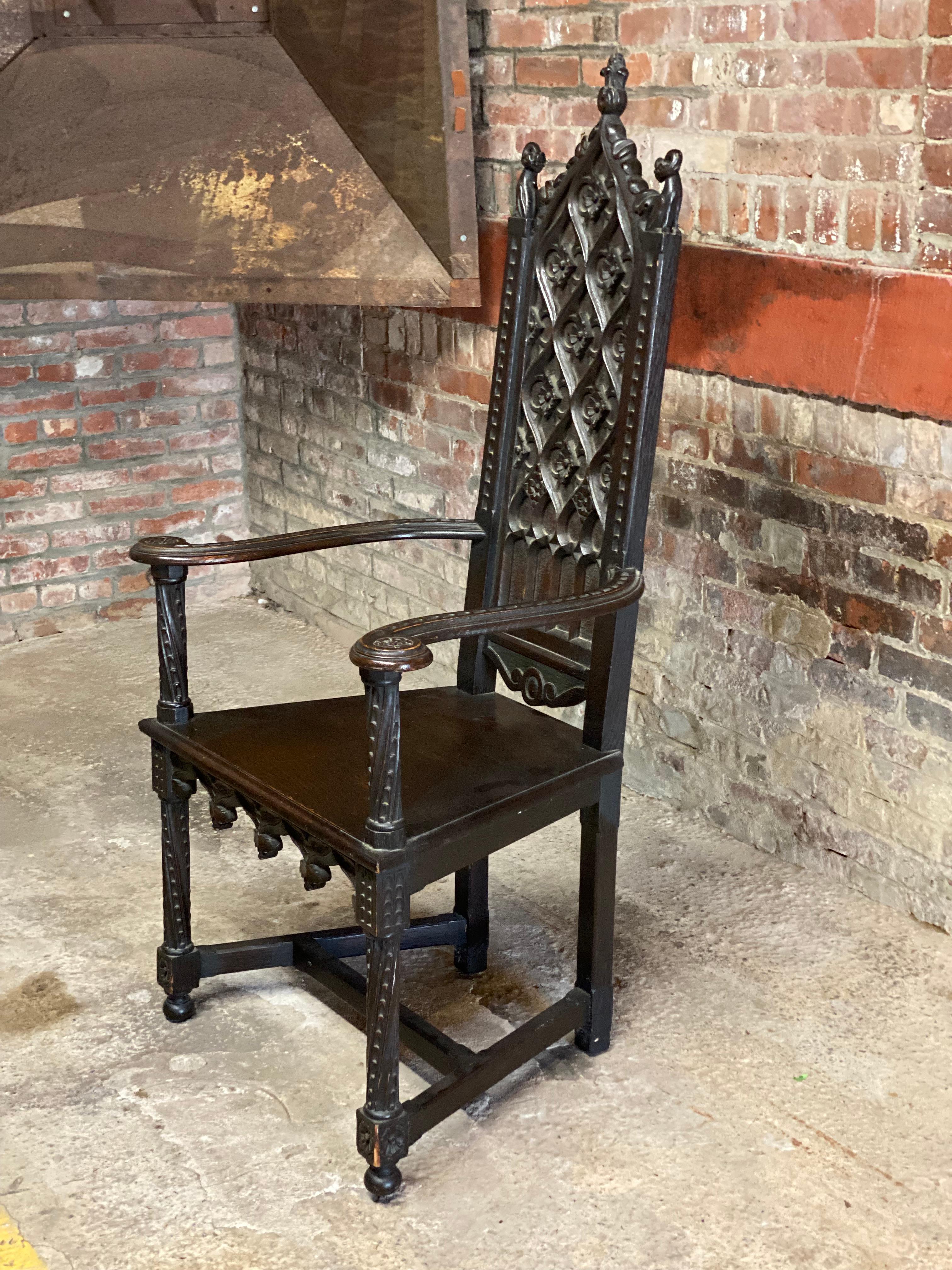 Medieval Victorian Era Carved English Feudal Oak Armchair