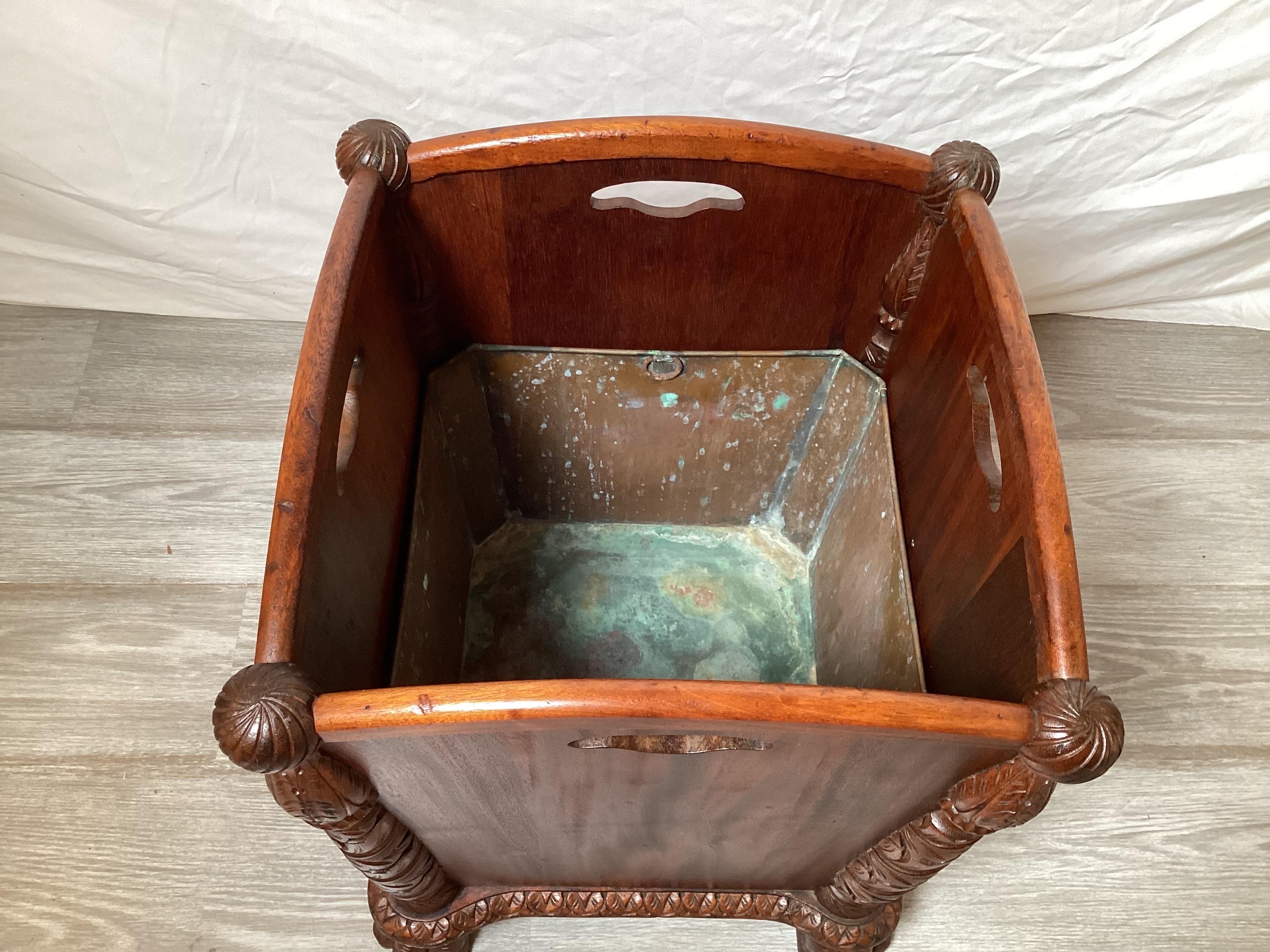 American Empire Victorian Era Carved Wood Waste Basket of Planter For Sale