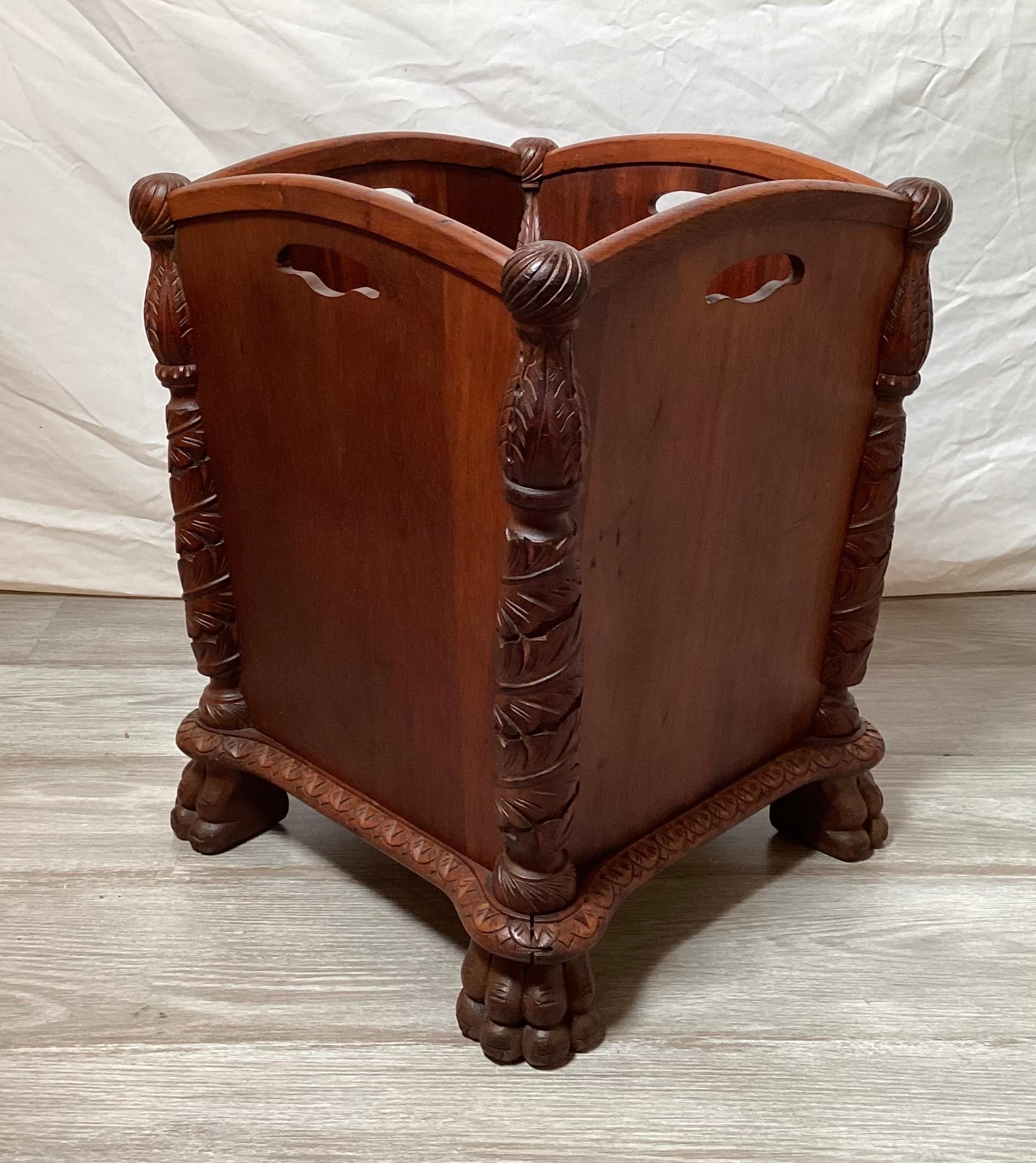 Late 19th Century Victorian Era Carved Wood Waste Basket of Planter For Sale